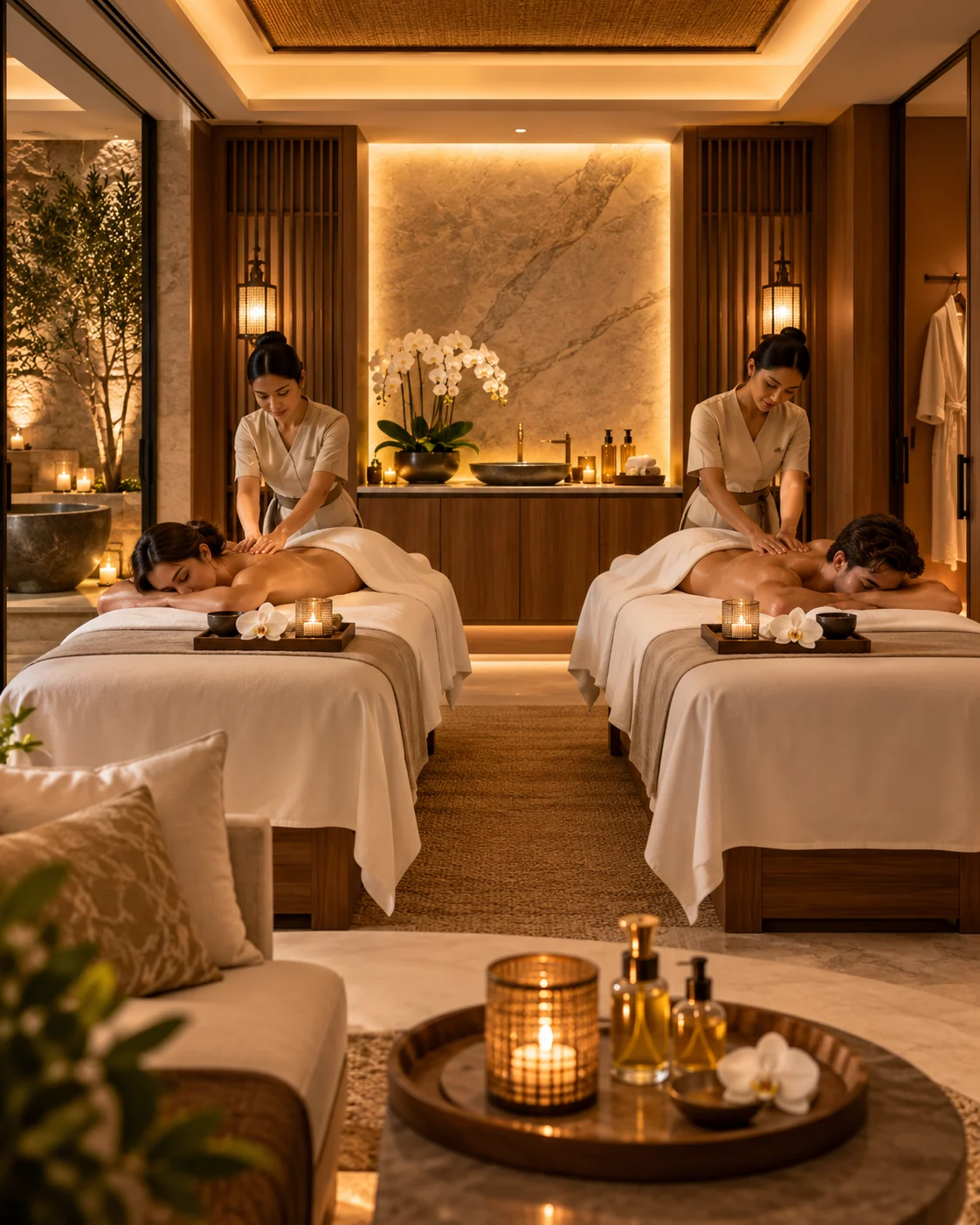 Two guests receiving a couples massage together in a private treatment room at RYOKO Massage Center in Al Barsha, Dubai.
