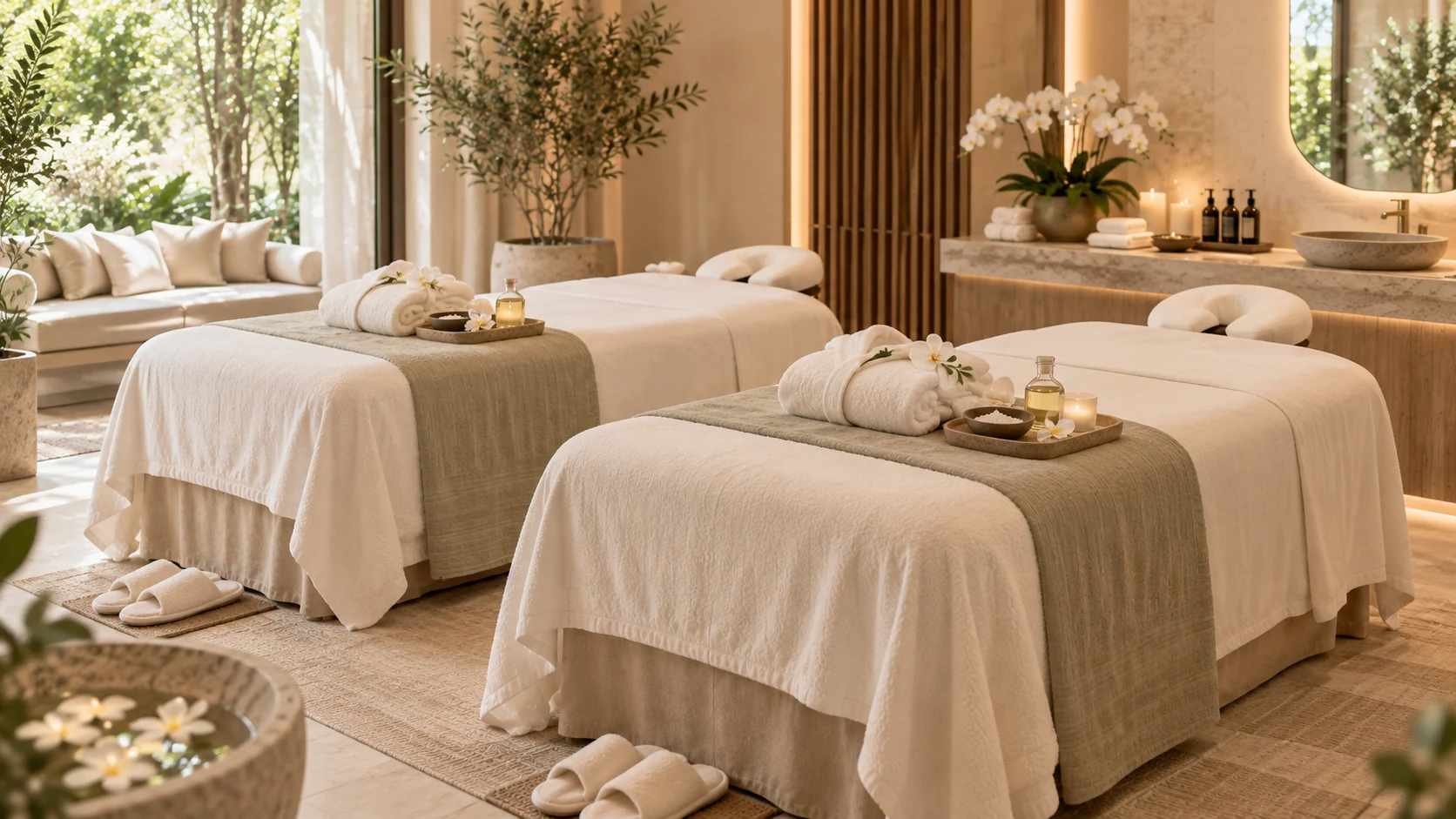 A private couples massage room prepared with two treatment beds at RYOKO in Al Barsha, Dubai.