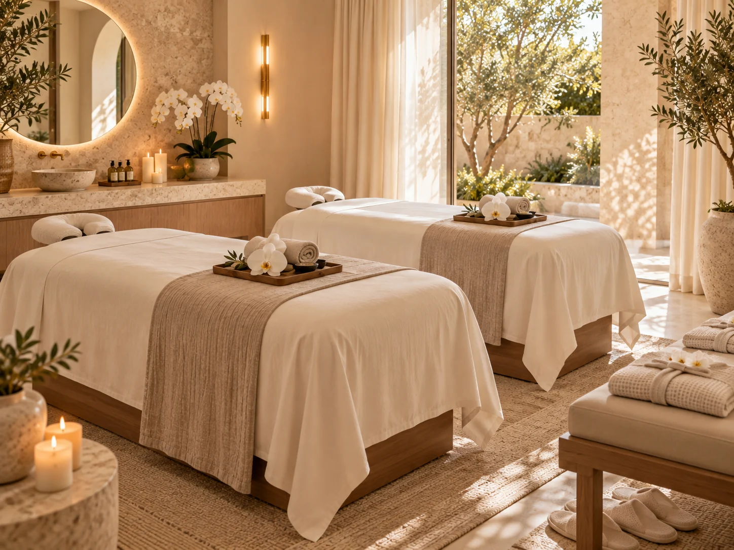 Two massage tables arranged side by side for a couples massage at RYOKO in Al Barsha, Dubai.