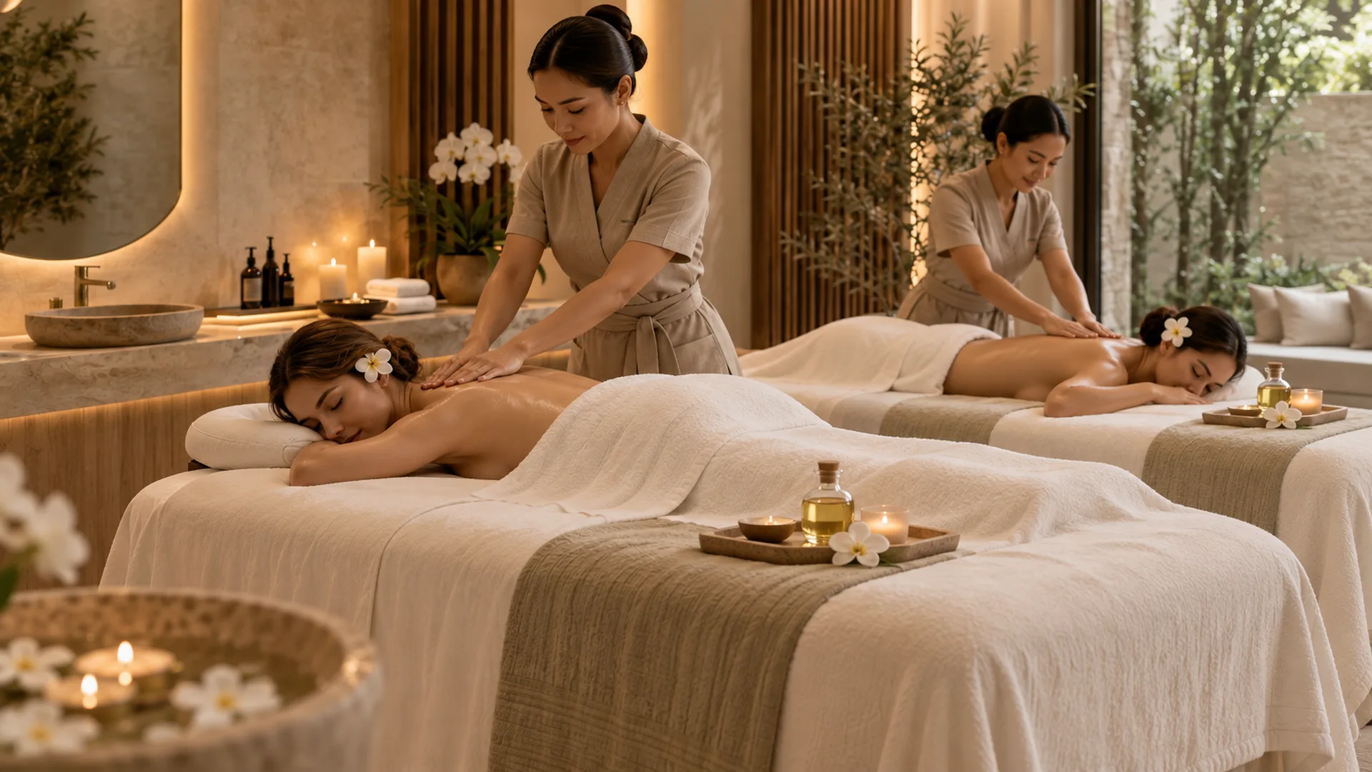 Two guests receiving their own massages together in a calm private room at RYOKO Massage Center in Al Barsha, Dubai.