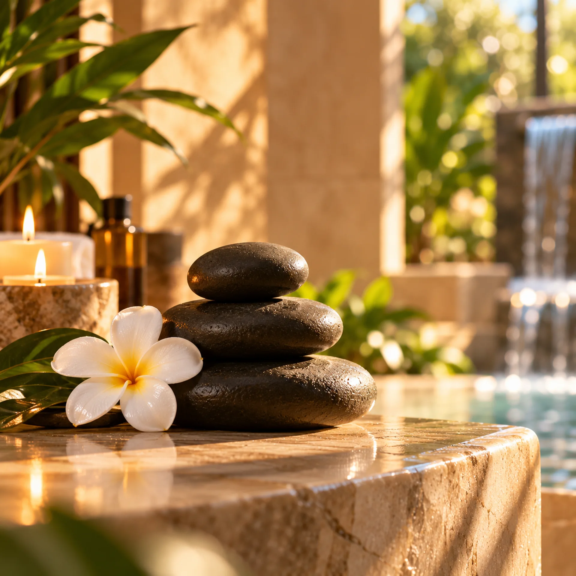 Spa stones and calming wellness details representing deep relaxation at RYOKO in Al Barsha, Dubai.