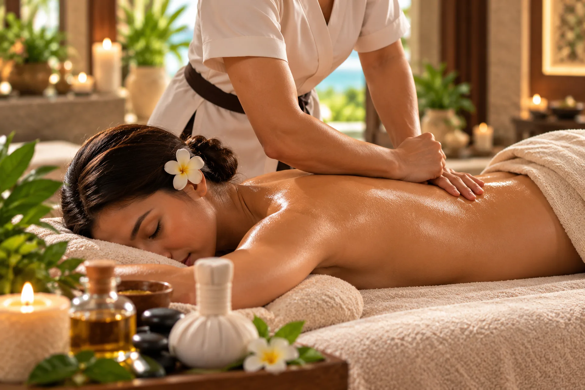Female therapist using forearm pressure during a deep tissue back massage.