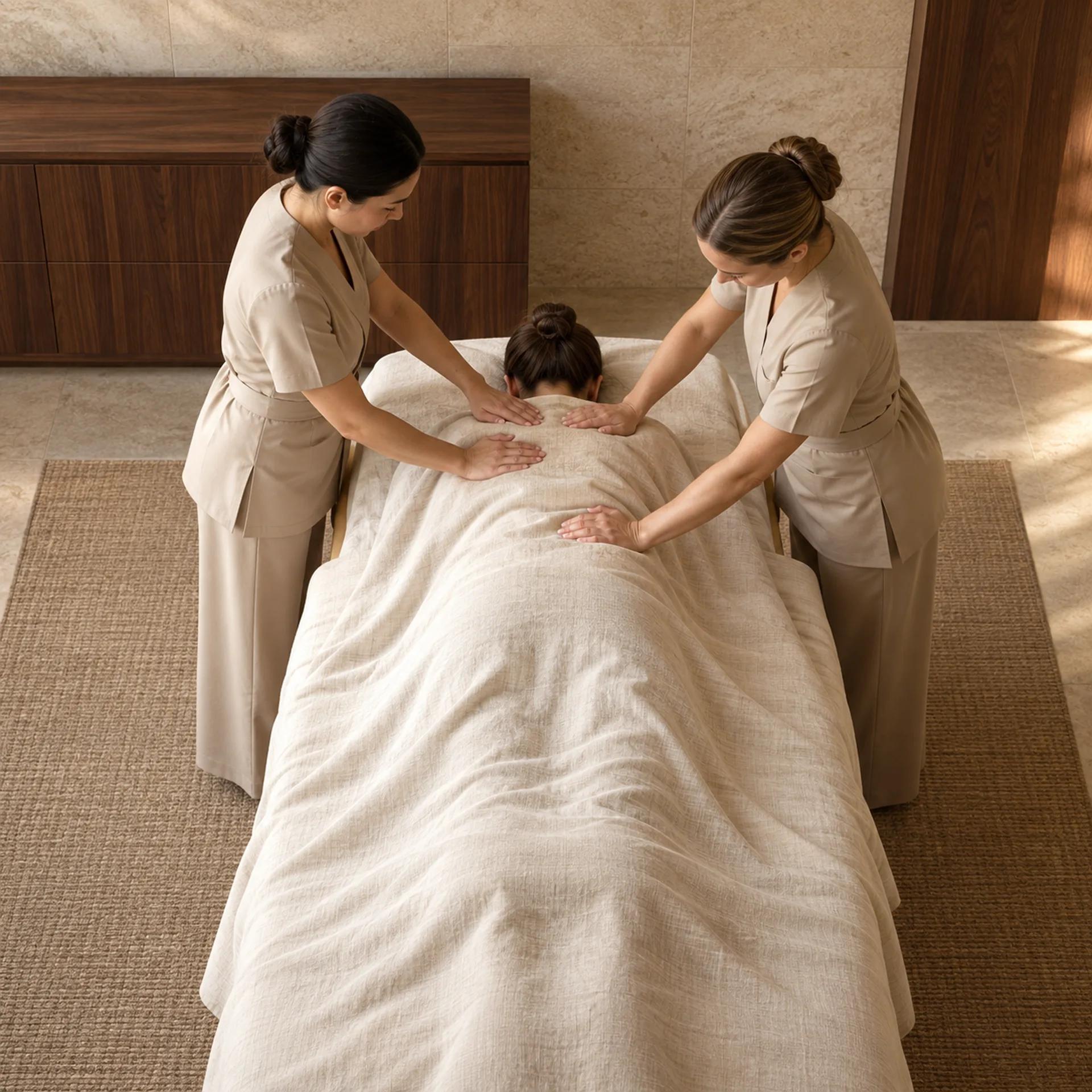 Two therapists attending to the guest together.