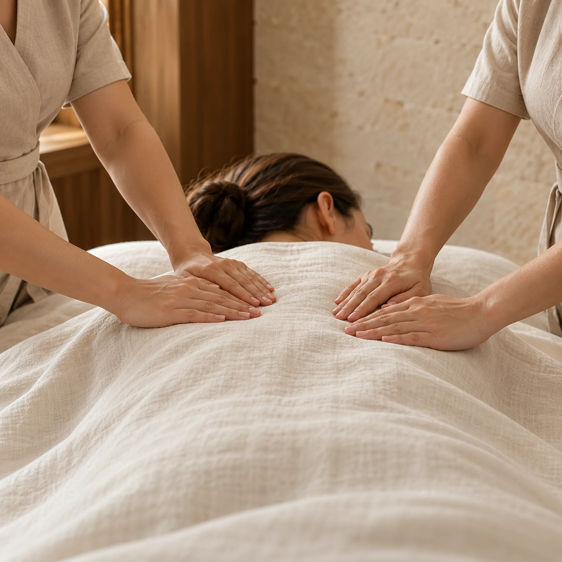 Four hands working together in a shared massage rhythm.