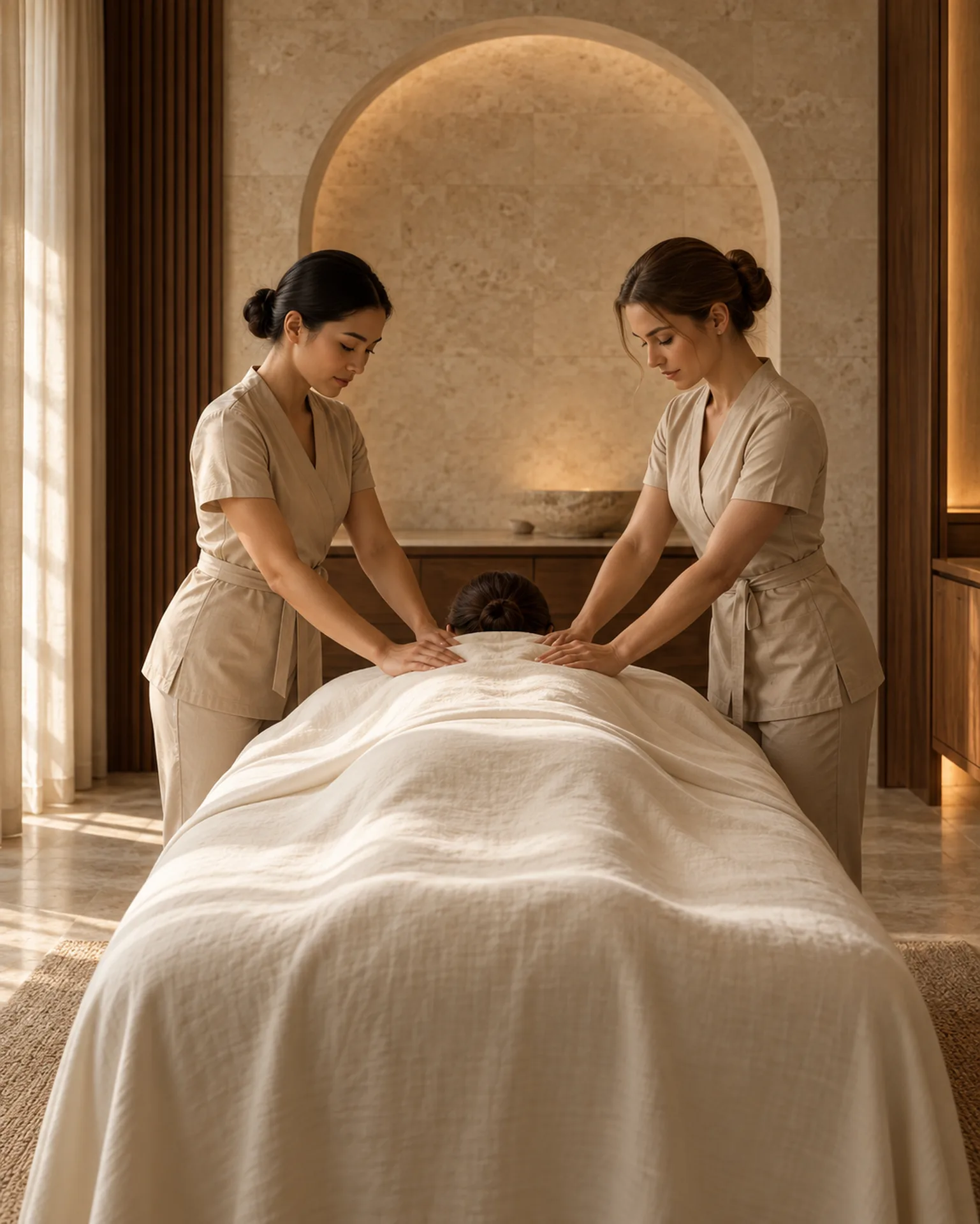 Two therapists working in unison during a four hands massage.