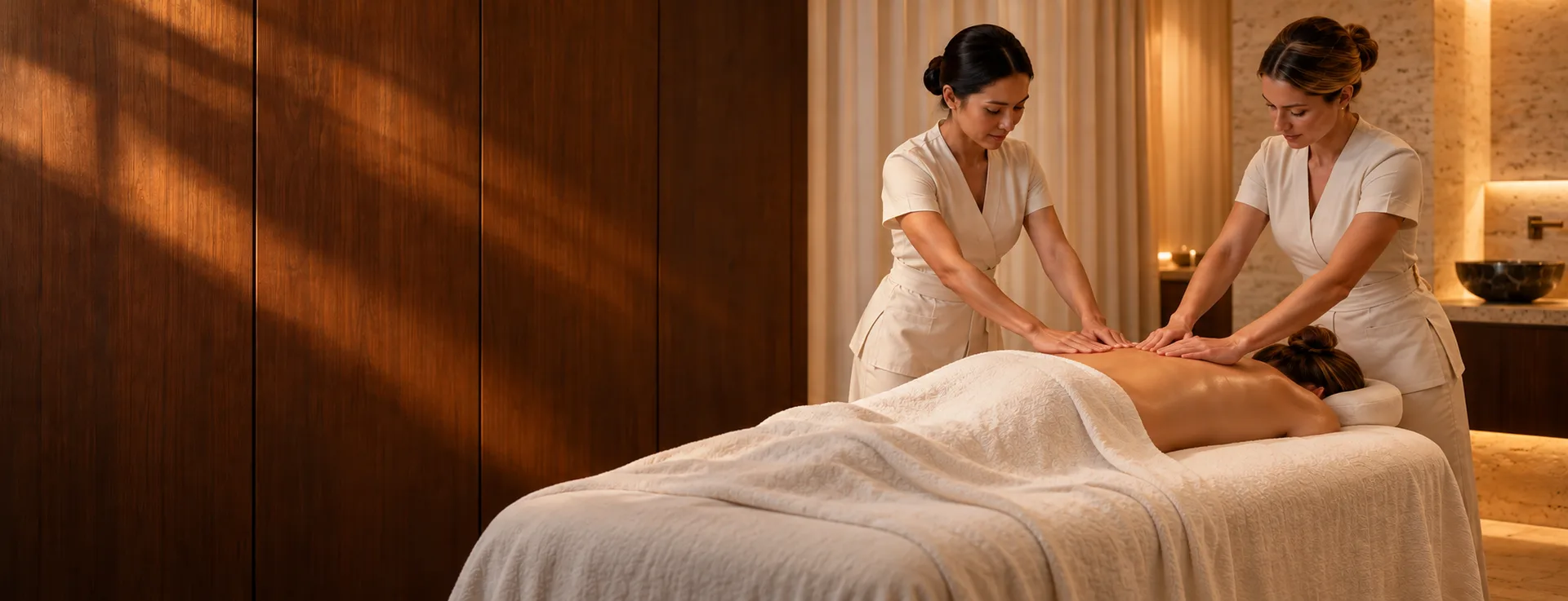 Two therapists performing a coordinated four hands massage in a private spa room.