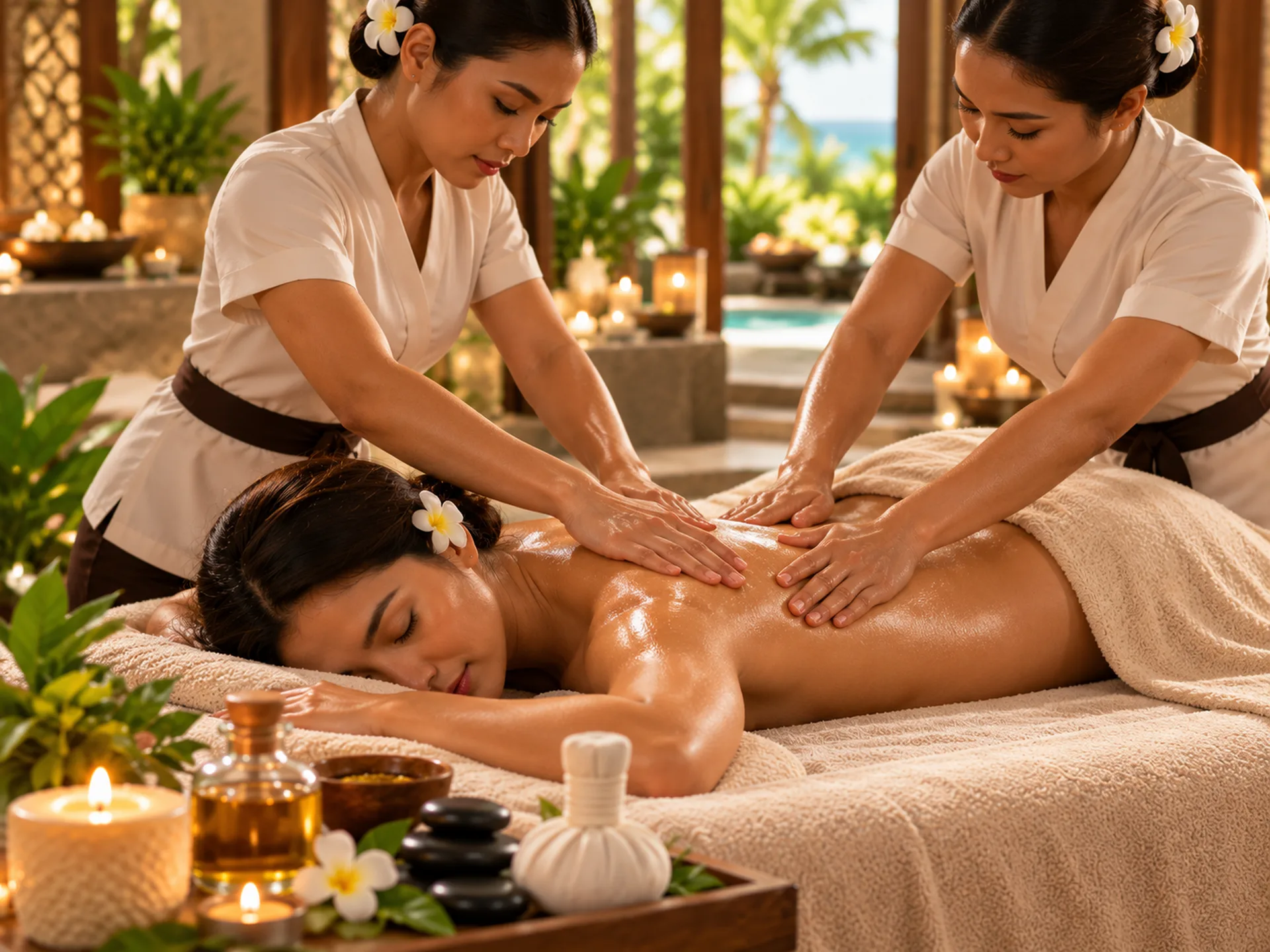 Two female therapists providing a synchronized four hands massage to one guest.