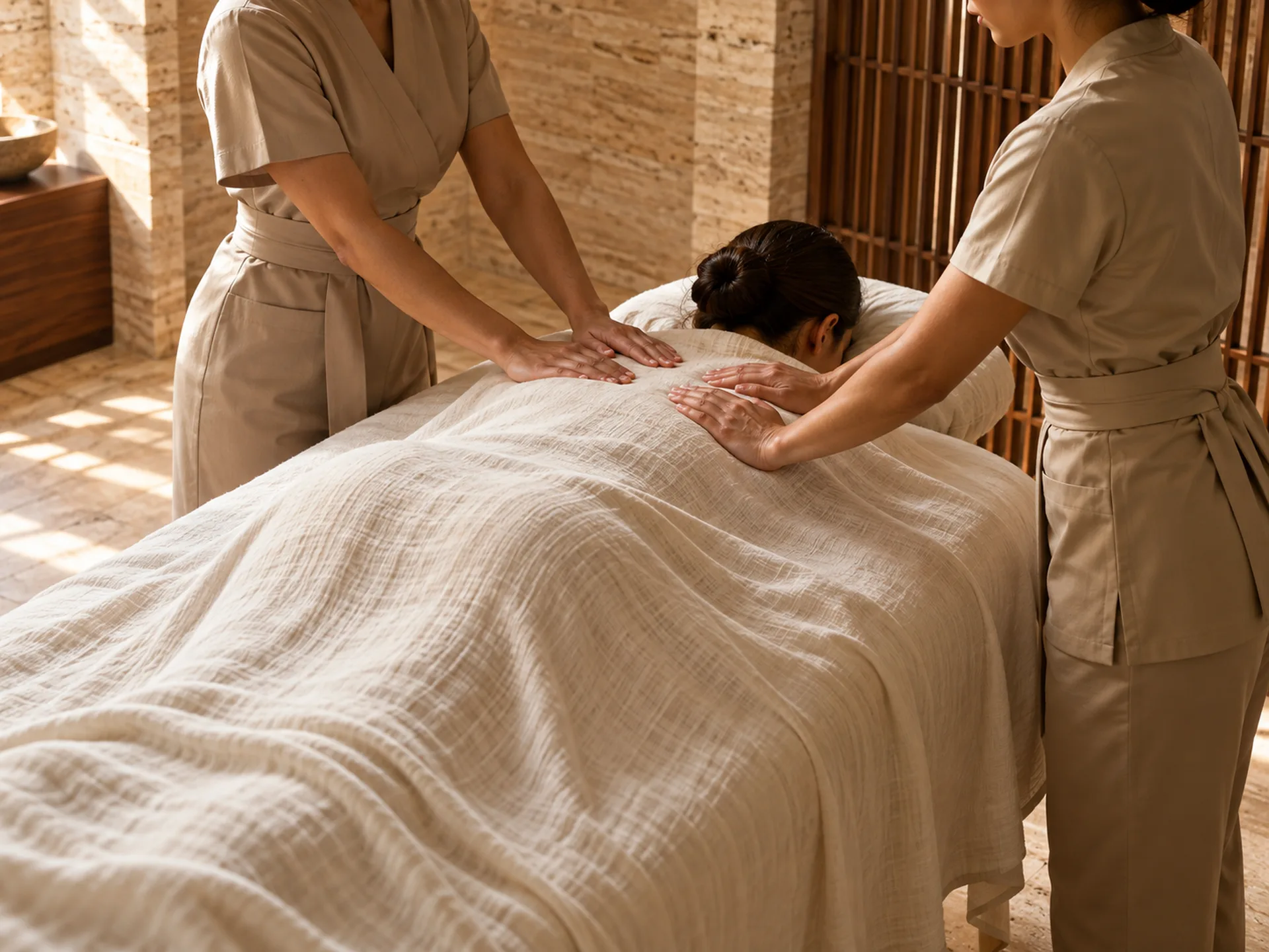 Two therapists performing a coordinated four hands massage.