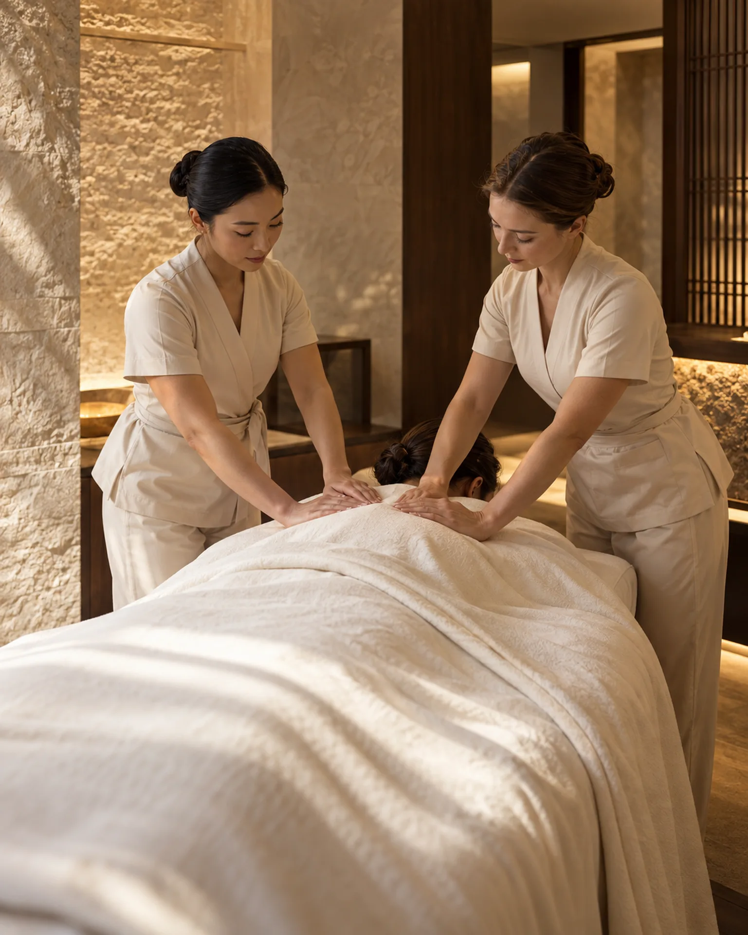 Two therapists working together during a four hands massage.