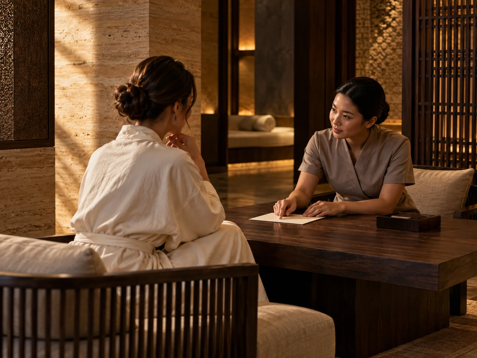 A guest discussing massage preferences with a therapist.