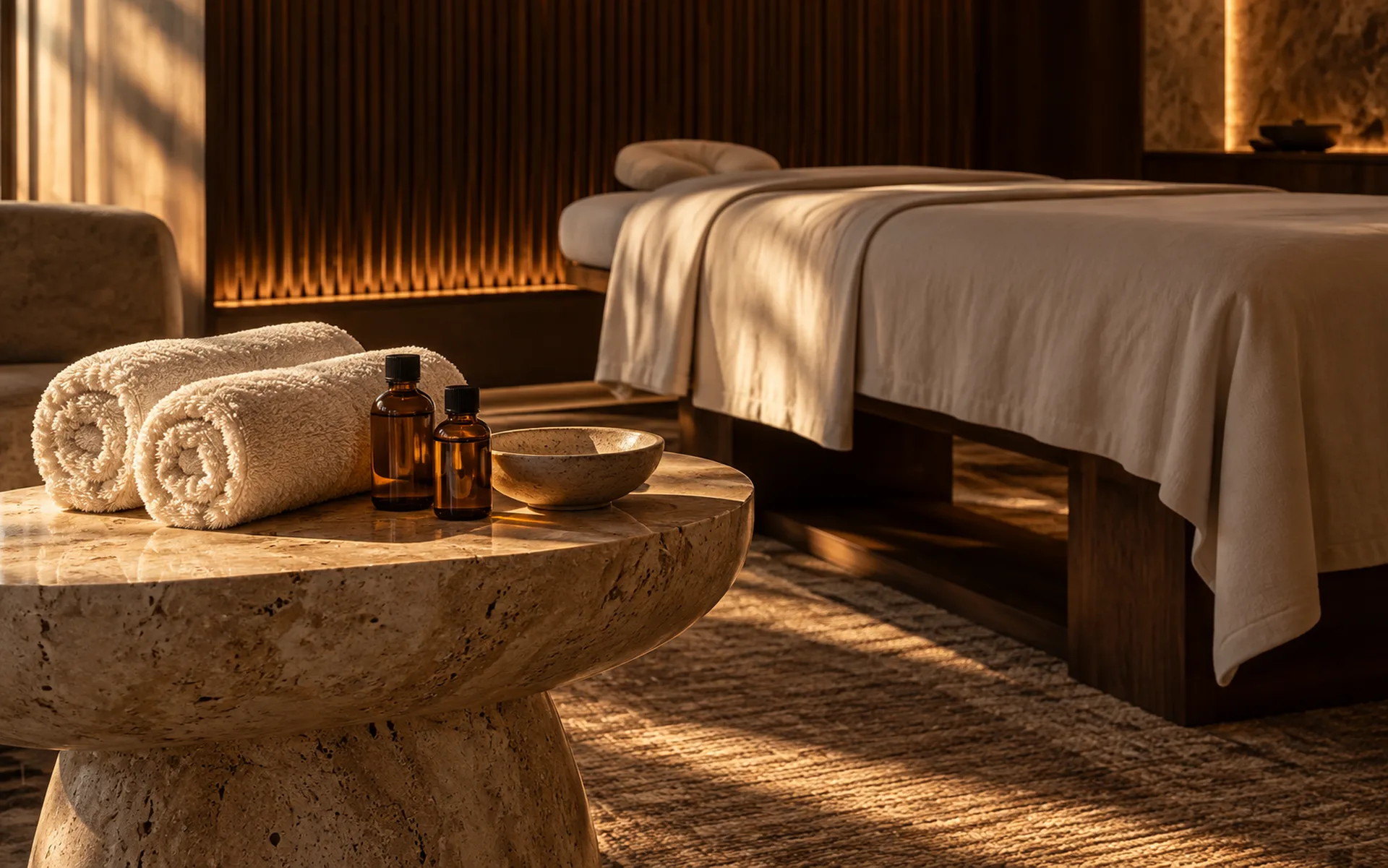 Ivory towels and massage oils prepared beside a treatment bed.