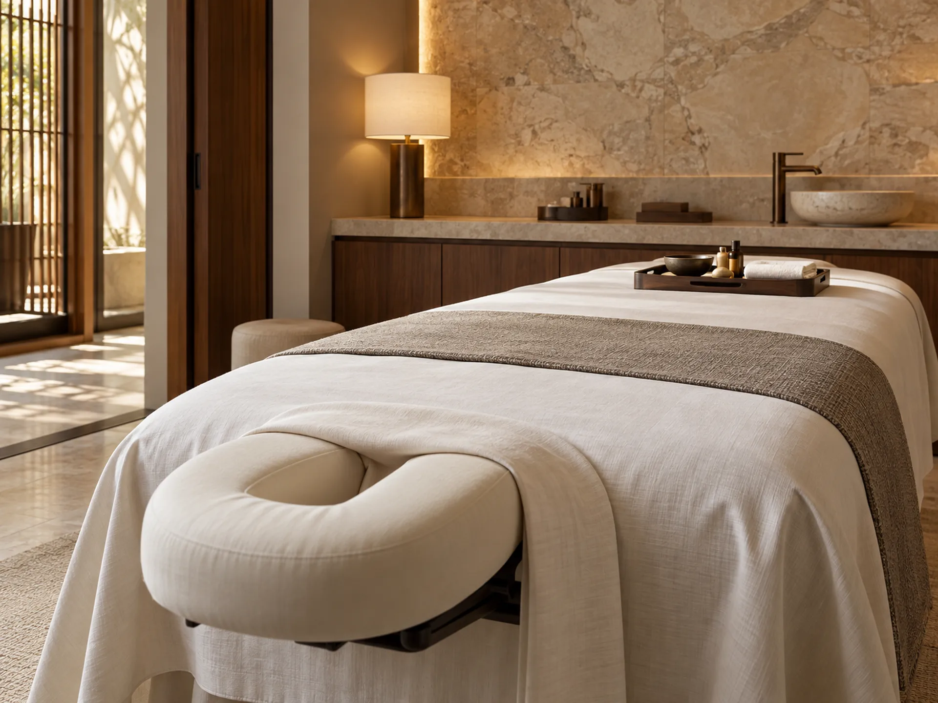 Illustrative massage suite with a prepared treatment bed, tray, and stone wash area.