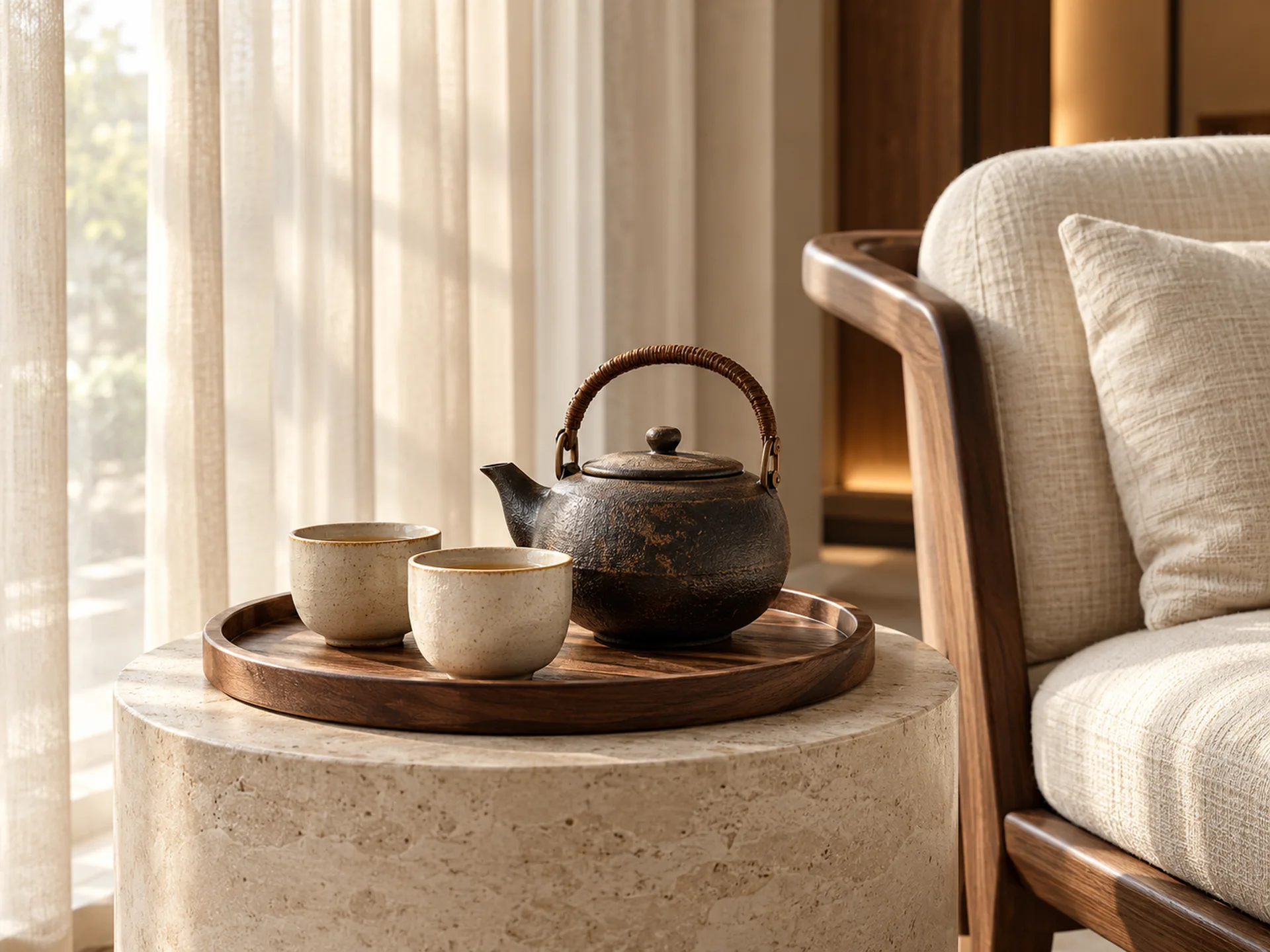 Illustrative quiet corner with a teapot, two cups, and a cushioned chair by the window.