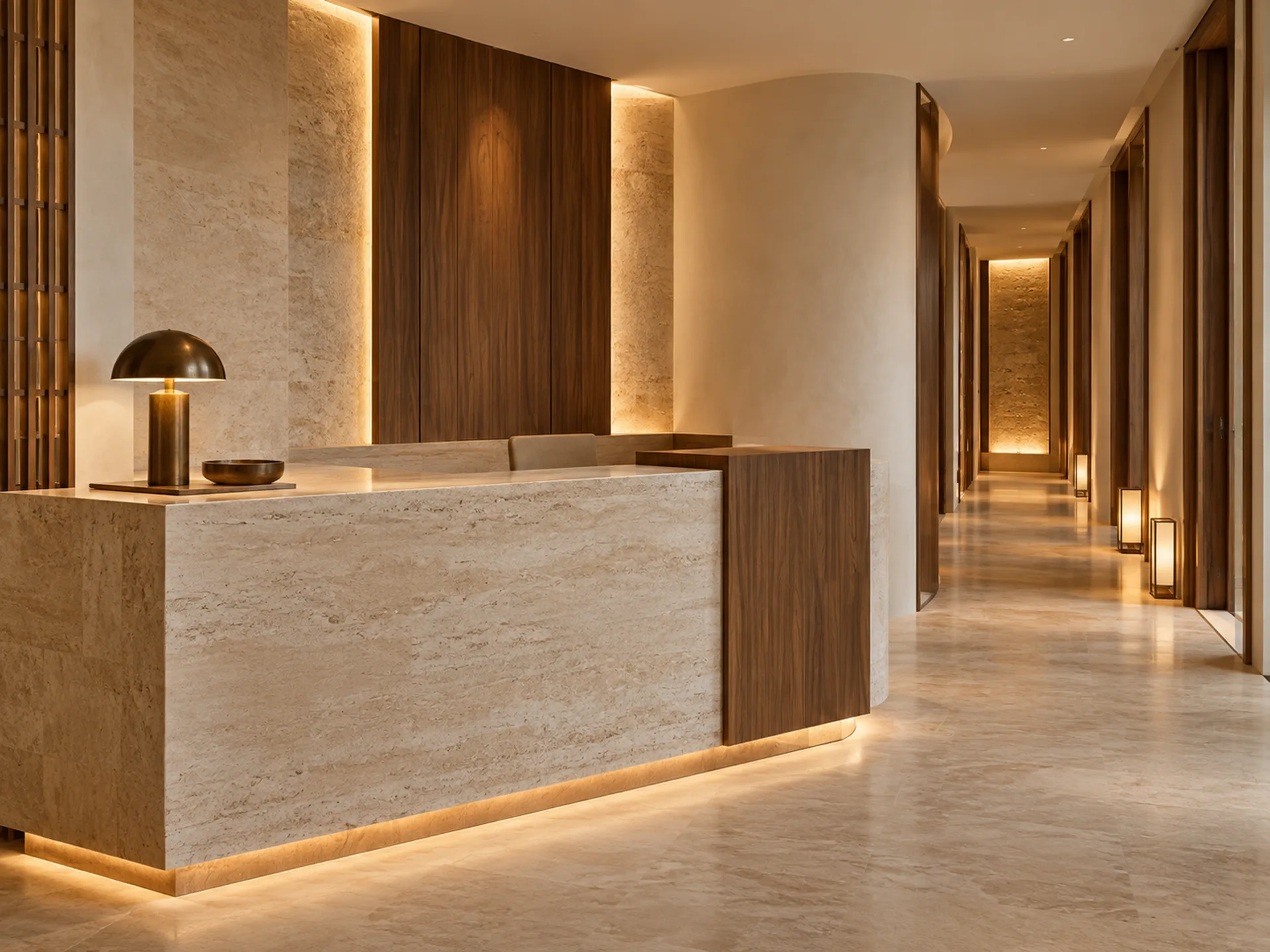 Illustrative spa reception with a stone desk, warm wood, and a softly lit hallway.