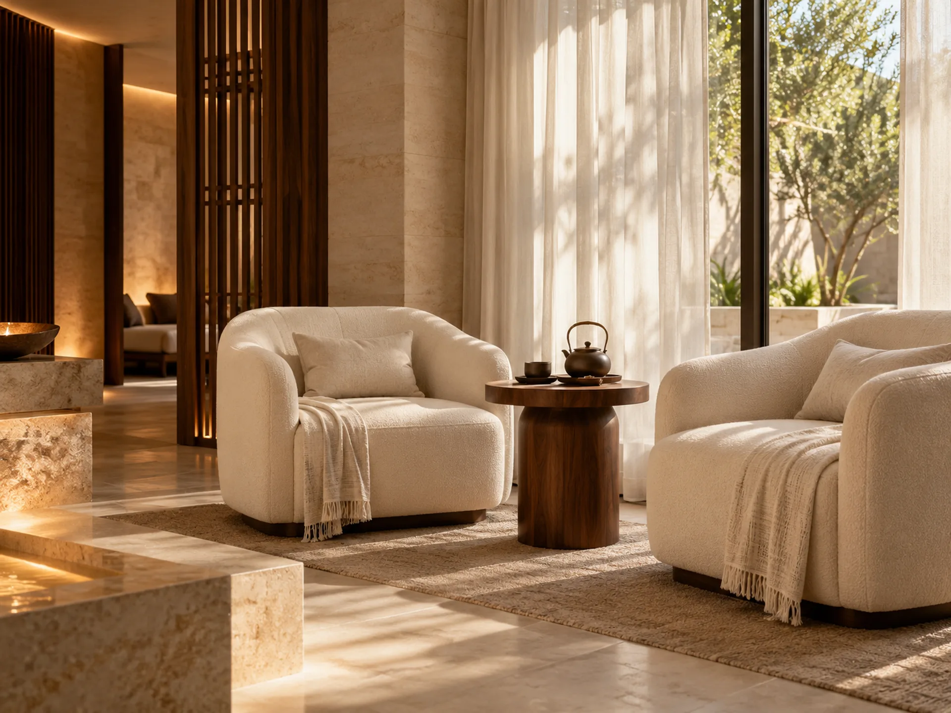 Illustrative relaxation lounge with two armchairs, a tea table, and sheer curtains.