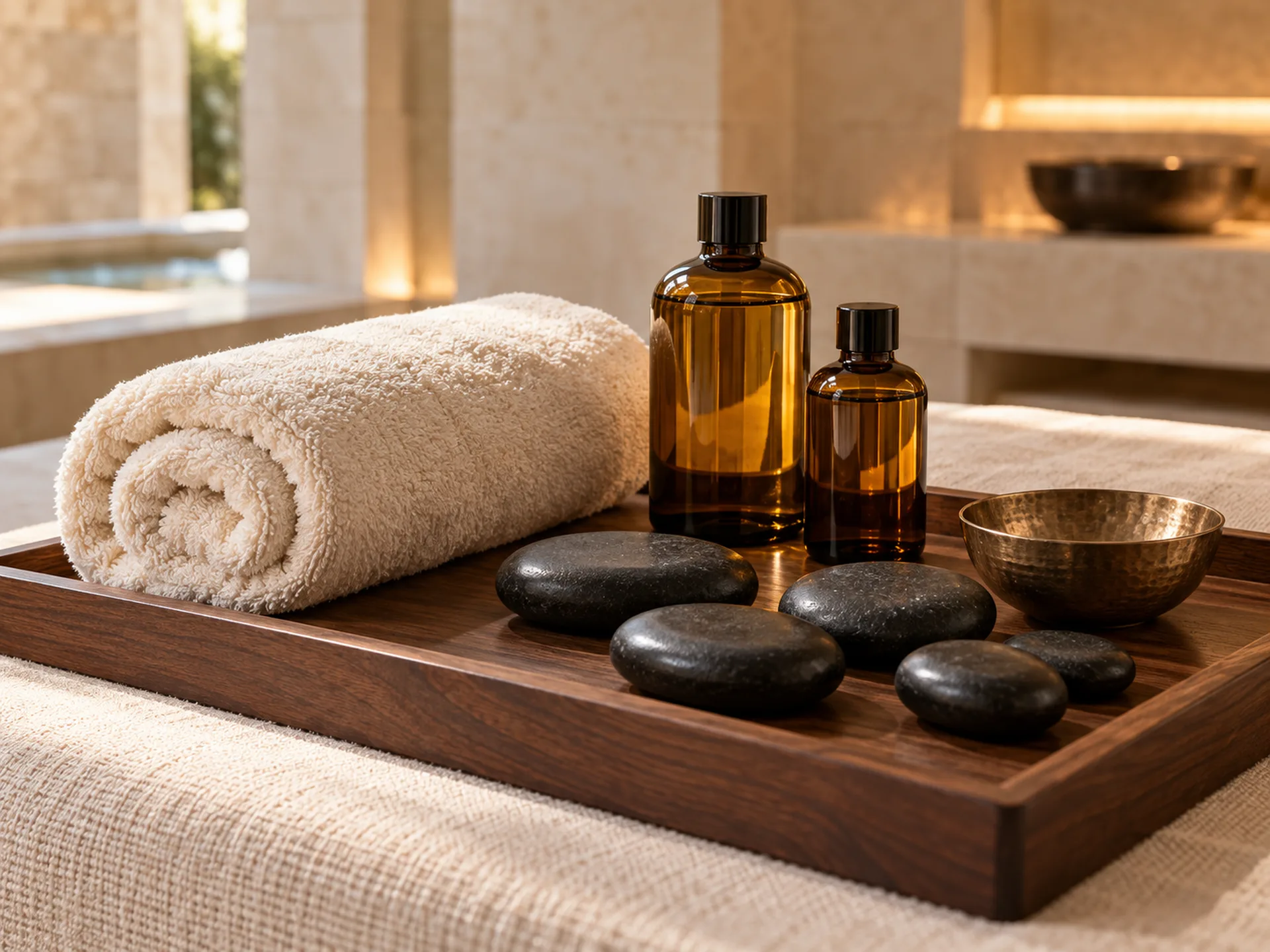 Illustrative tray of a rolled towel, amber bottles, smooth stones, and a small bowl.