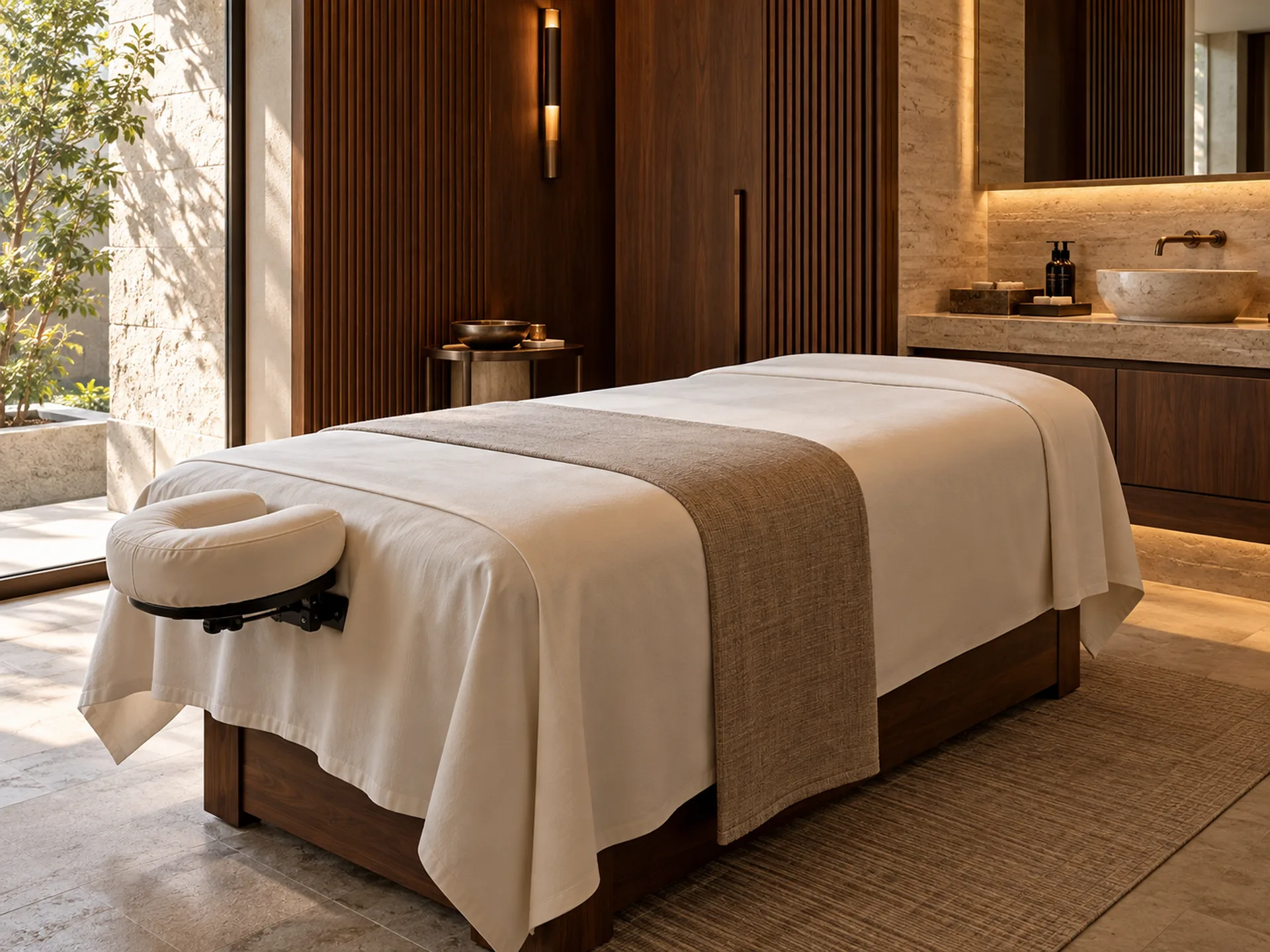 Illustrative treatment room with a prepared massage bed, face cradle, and stone basin.