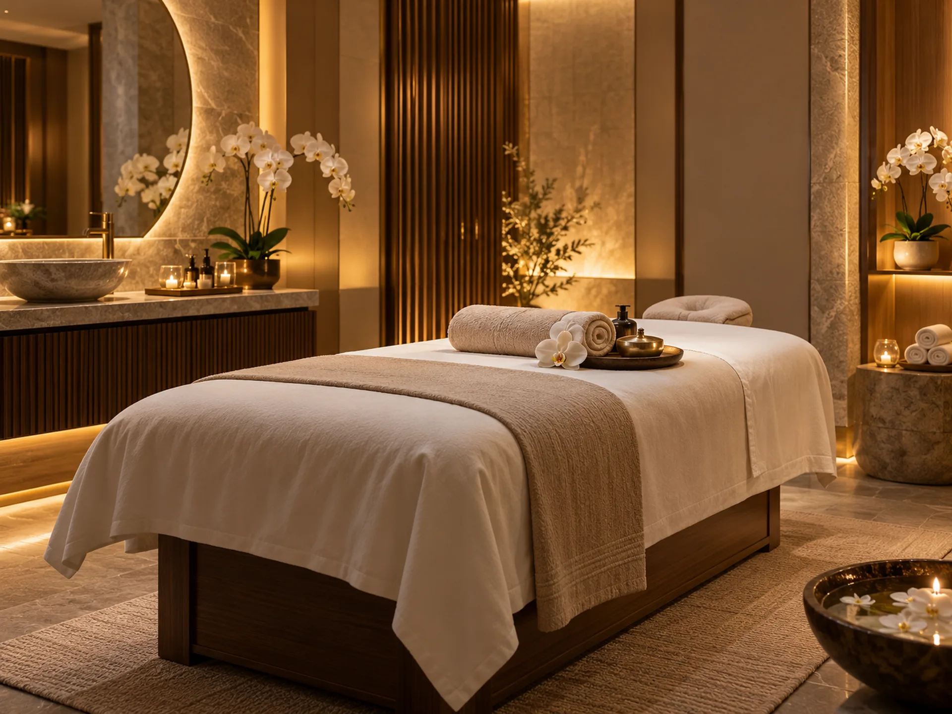 Luxury spa treatment room with an elegant massage bed at RYOKO Massage Center in Al Barsha, Dubai