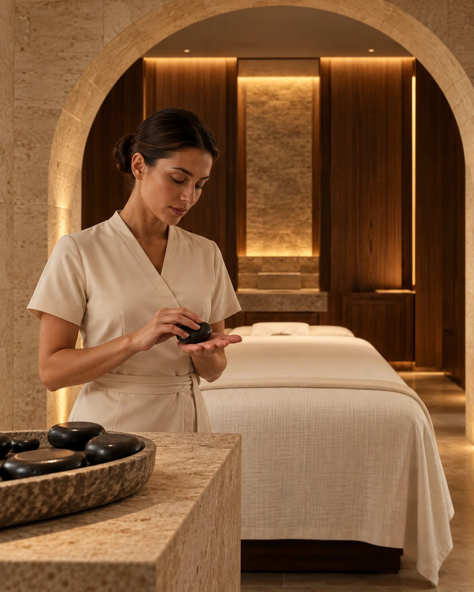 A guest receiving a warm stone massage in a refined, softly lit spa treatment room.