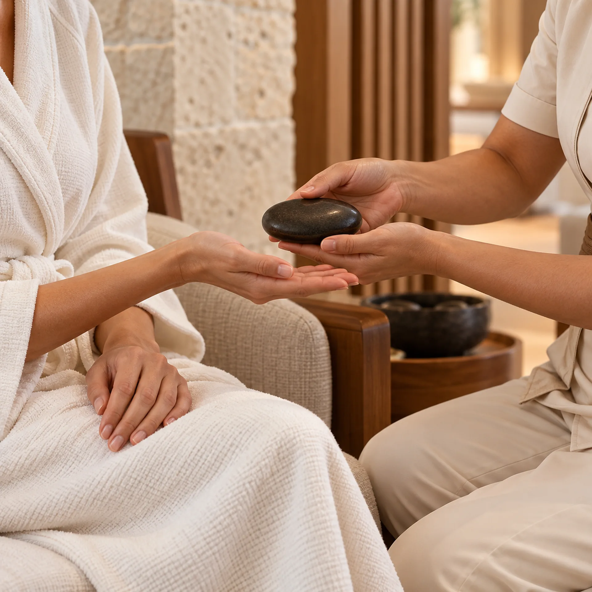 A therapist checking the warmth of a stone before the massage.