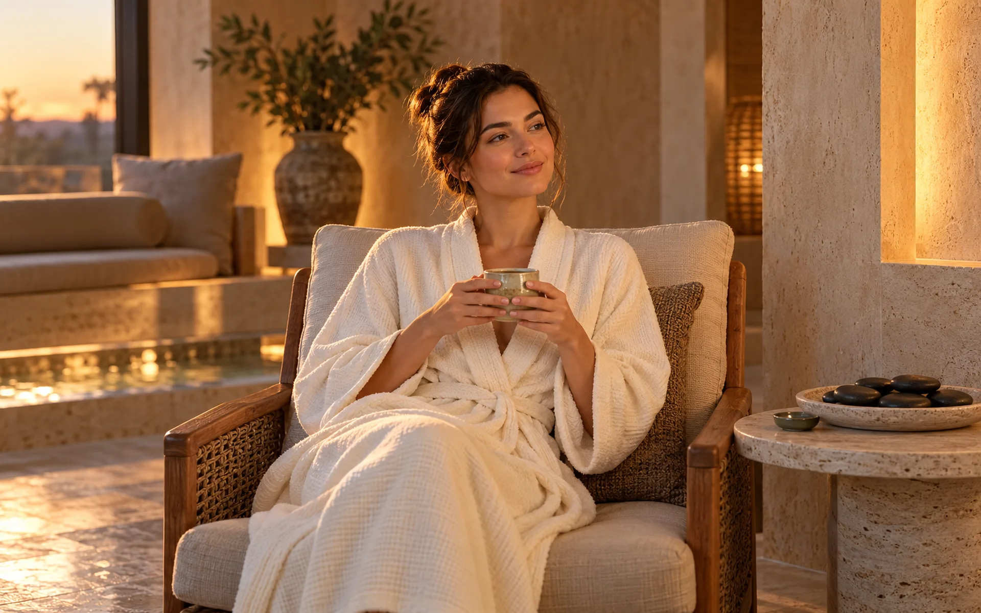 A guest resting with a warm drink after a hot stone massage, with the stones set aside.