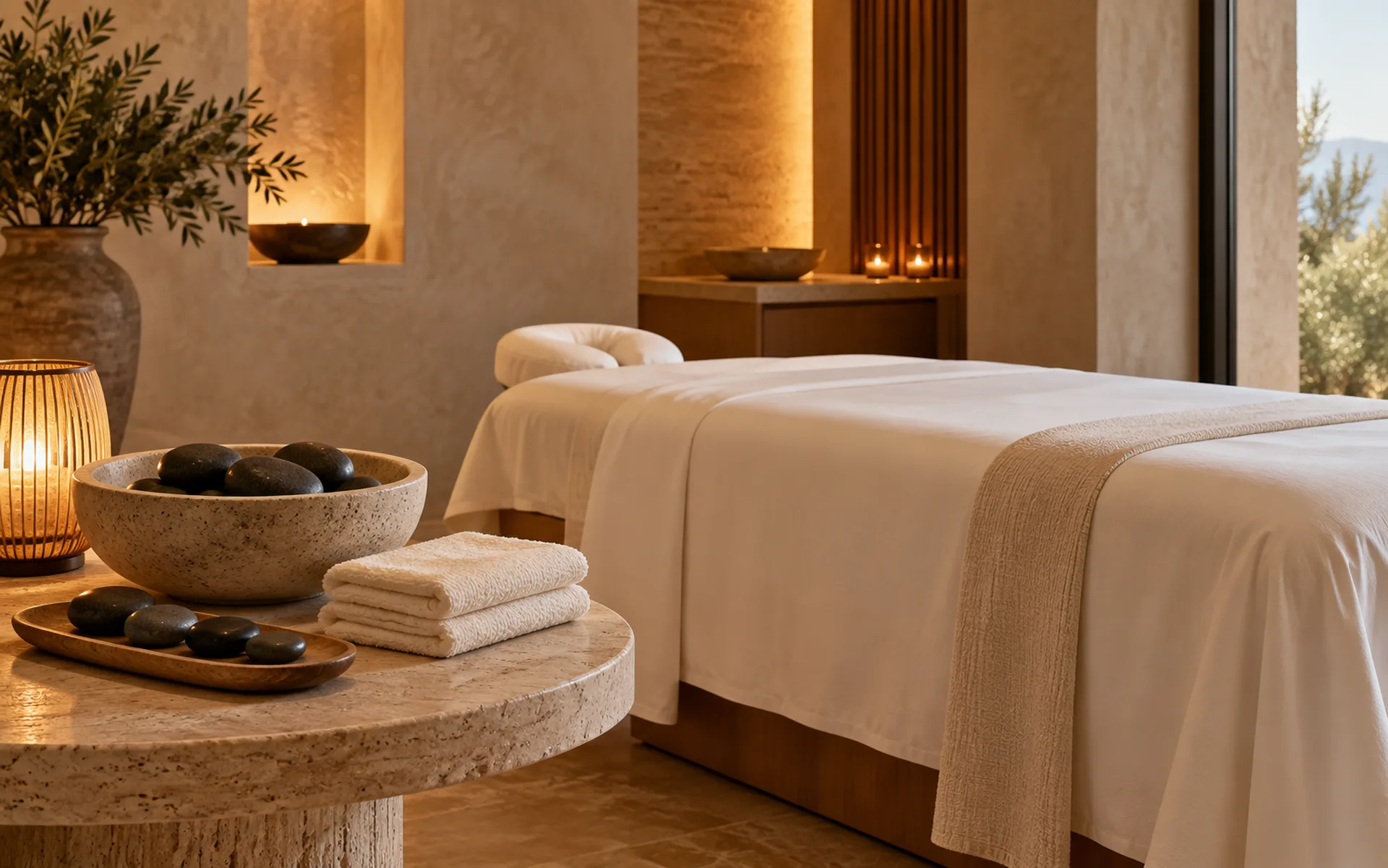 A prepared treatment room with smooth black stones beside the massage bed at RYOKO.