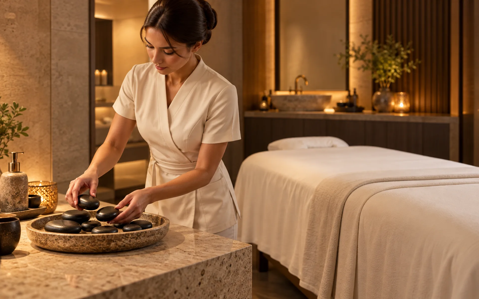 A therapist arranging warmed stones beside a prepared massage bed.