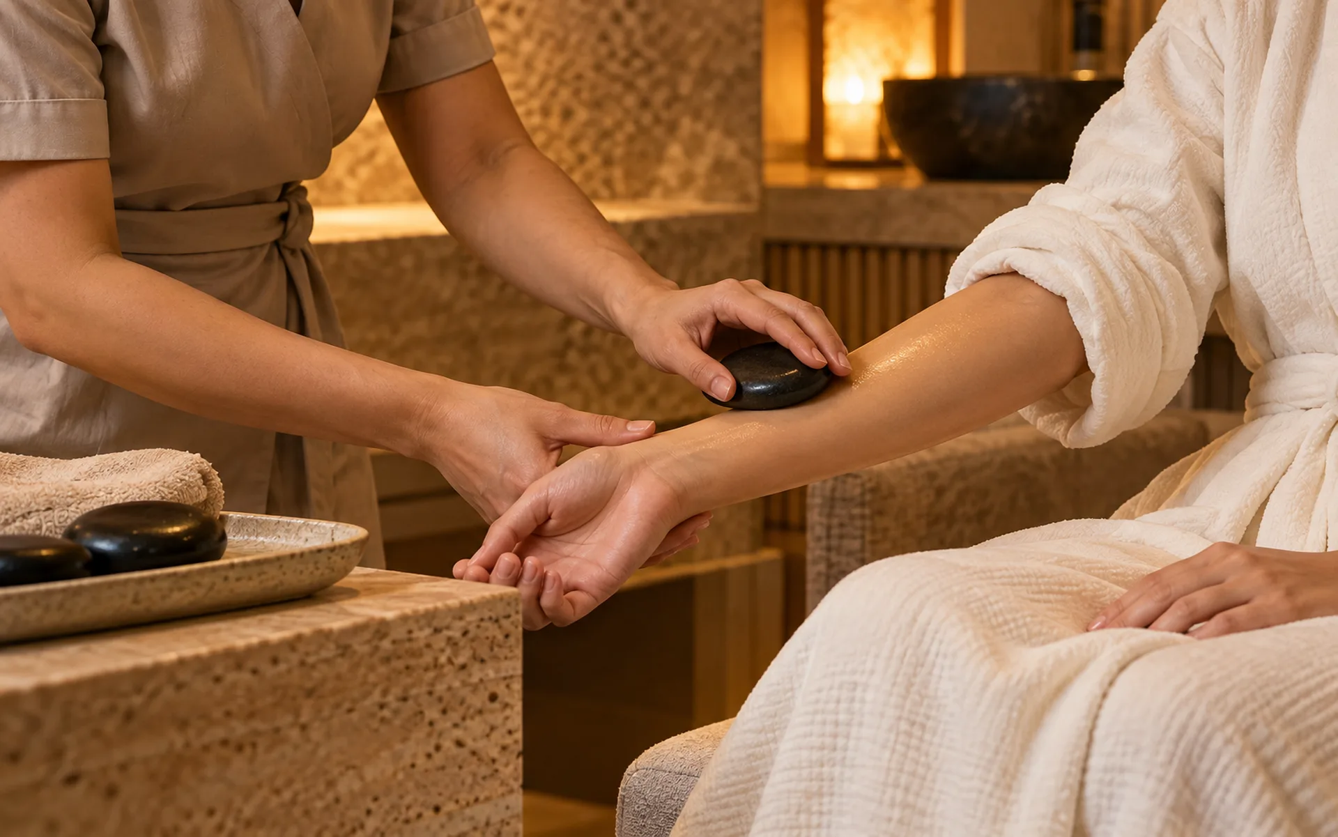 A therapist gliding a warm stone along a guest’s arm during a hot stone massage.
