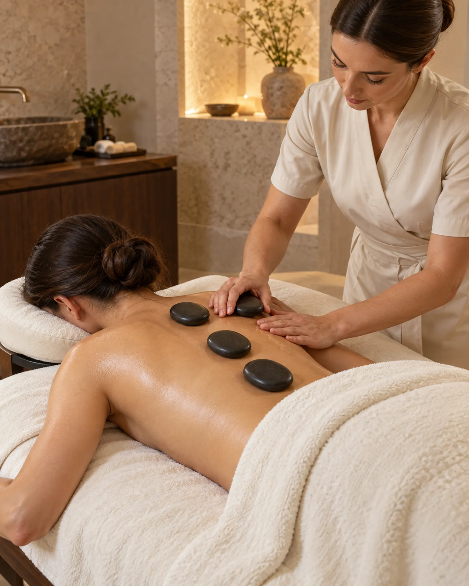 Warm stones used within a hot stone massage at RYOKO Massage Center in Al Barsha, Dubai.