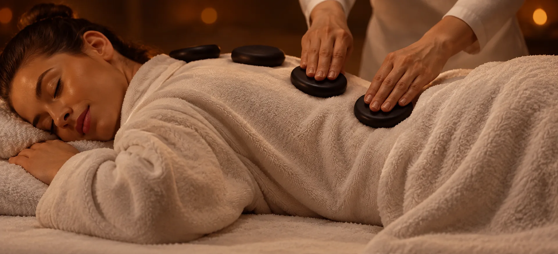A hot stone massage treatment in a private room at RYOKO Massage Center in Al Barsha, Dubai.
