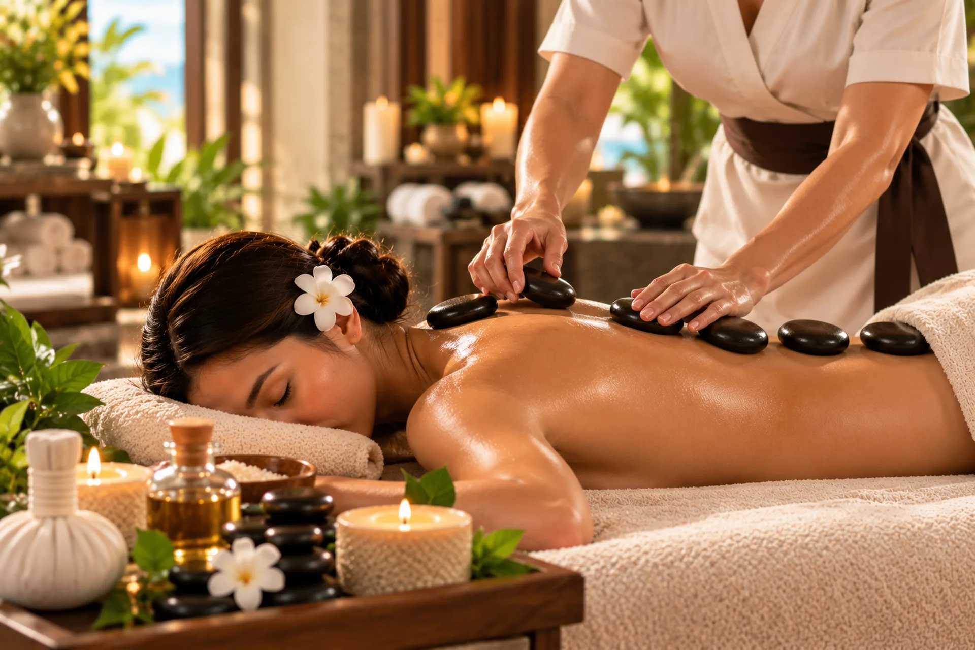 Smooth basalt stones placed along a woman's back during a hot stone massage.