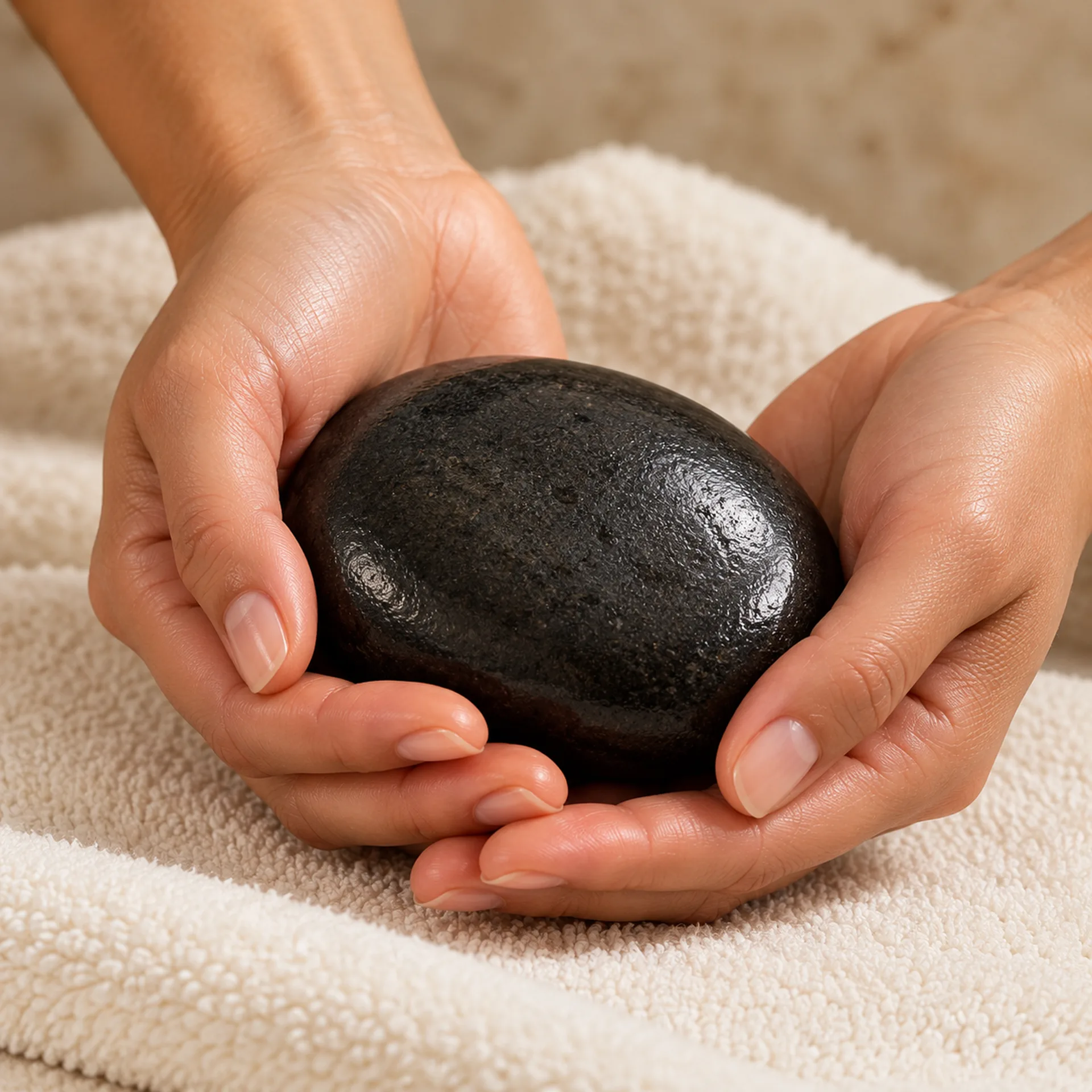 A therapist gliding a smooth warm stone across a guest’s back.