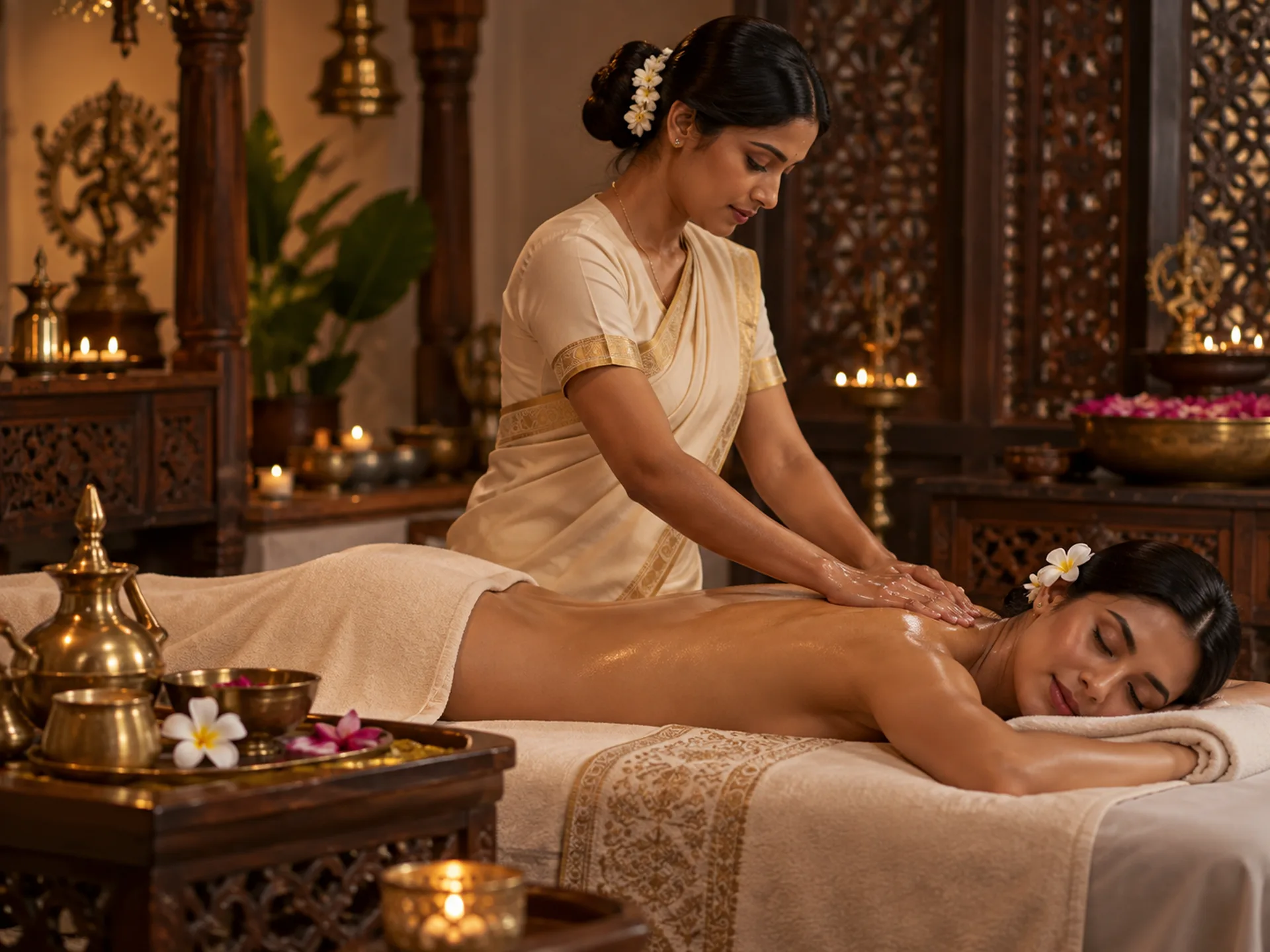 Female therapist applying oil with long, smooth strokes during an Indian-inspired back massage.