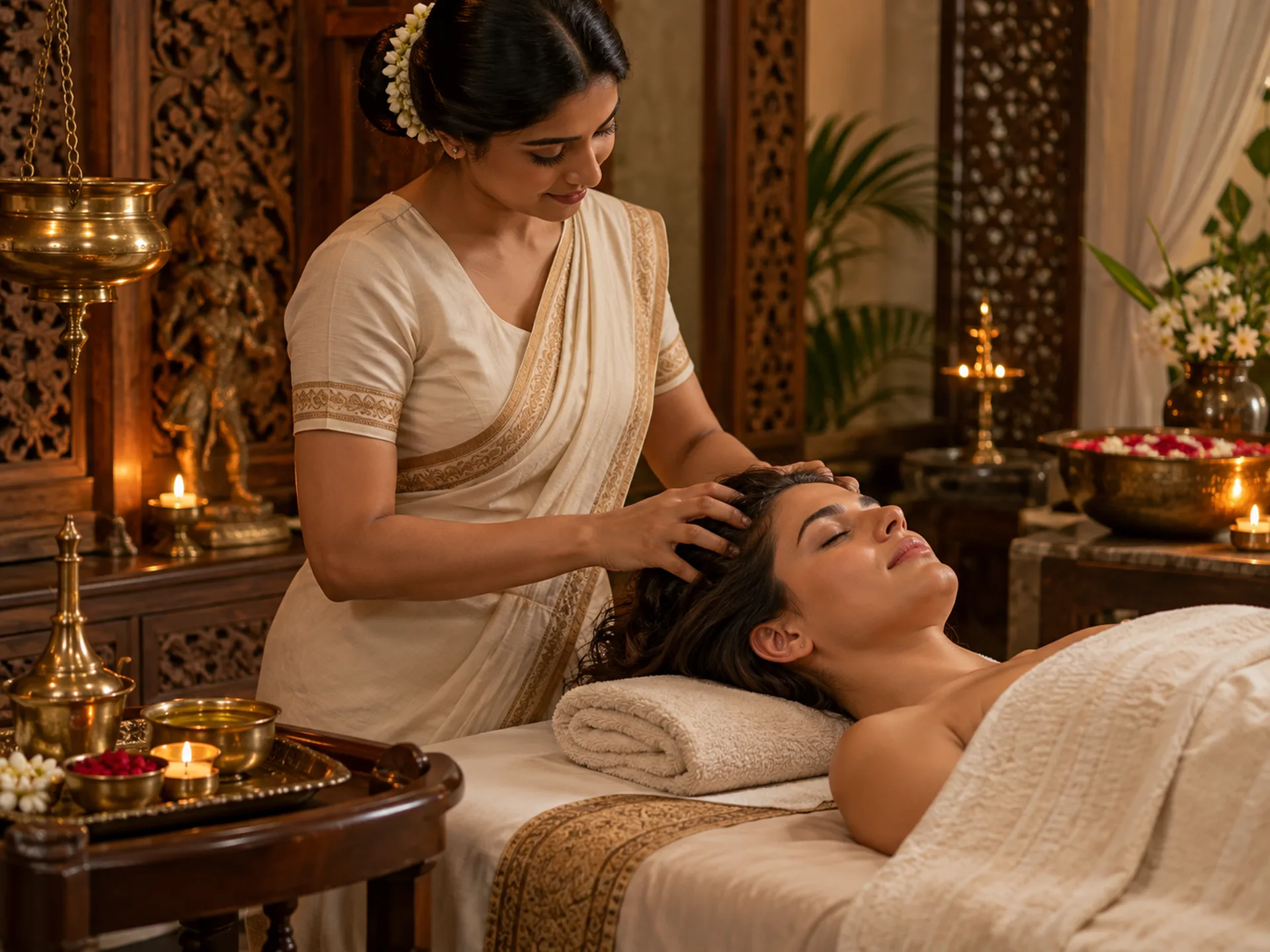 Close-up of a relaxing Indian-inspired head and scalp massage performed by a female therapist.