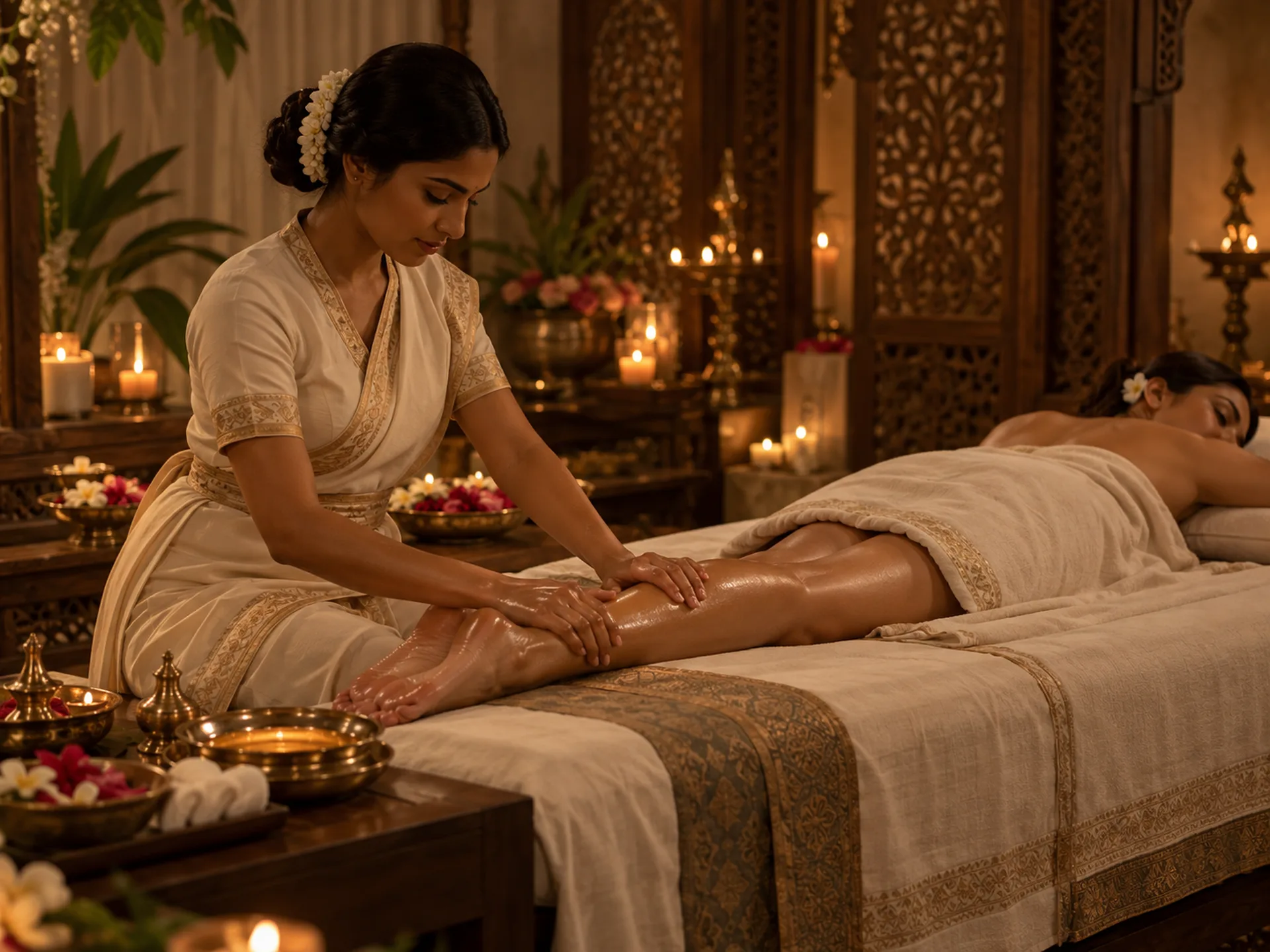 Female therapist massaging a guest’s lower leg using oil in a softly lit Indian-inspired spa room.
