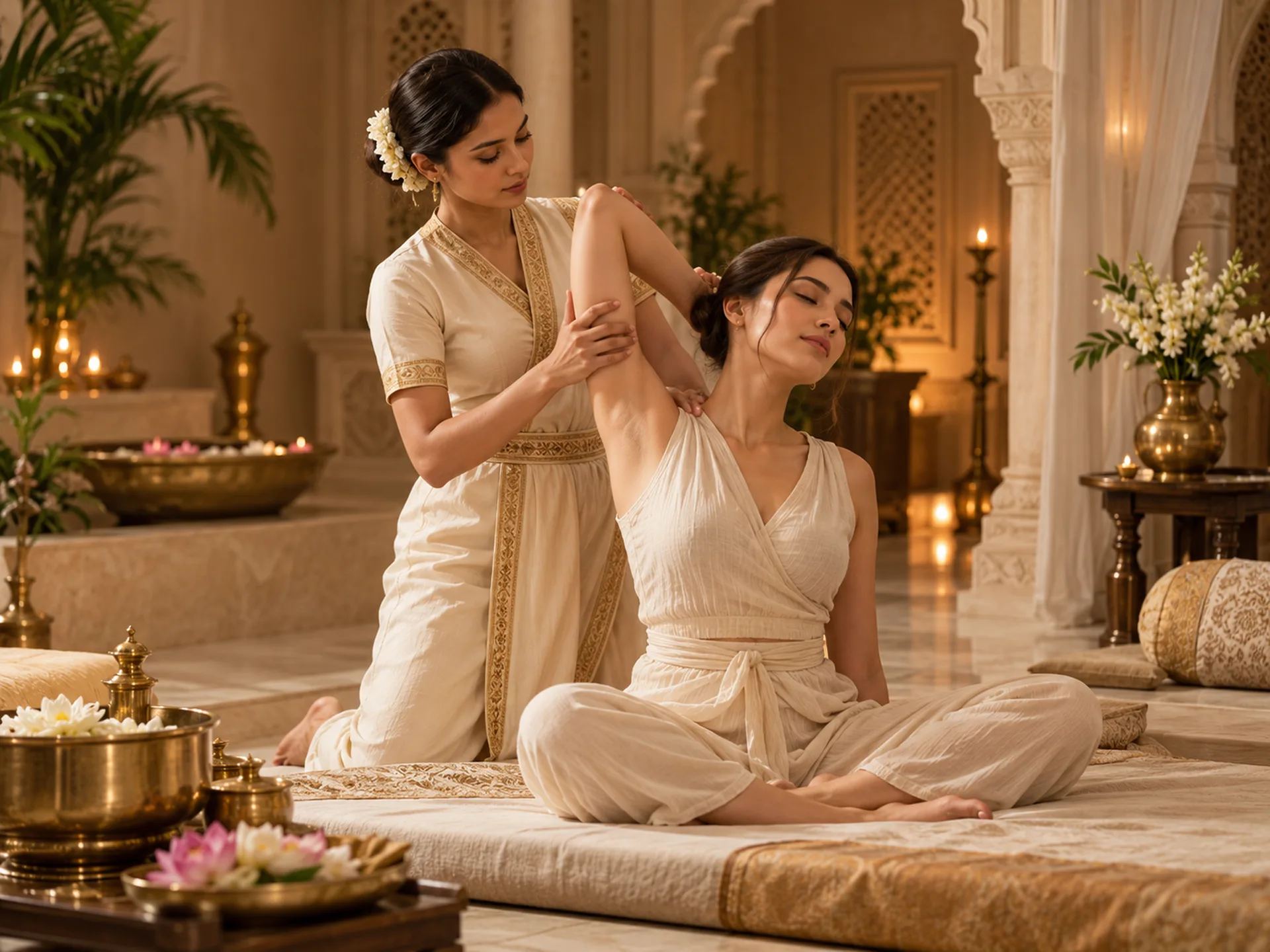 Guest receiving gentle assisted shoulder and arm stretching in an Indian-inspired massage setting.