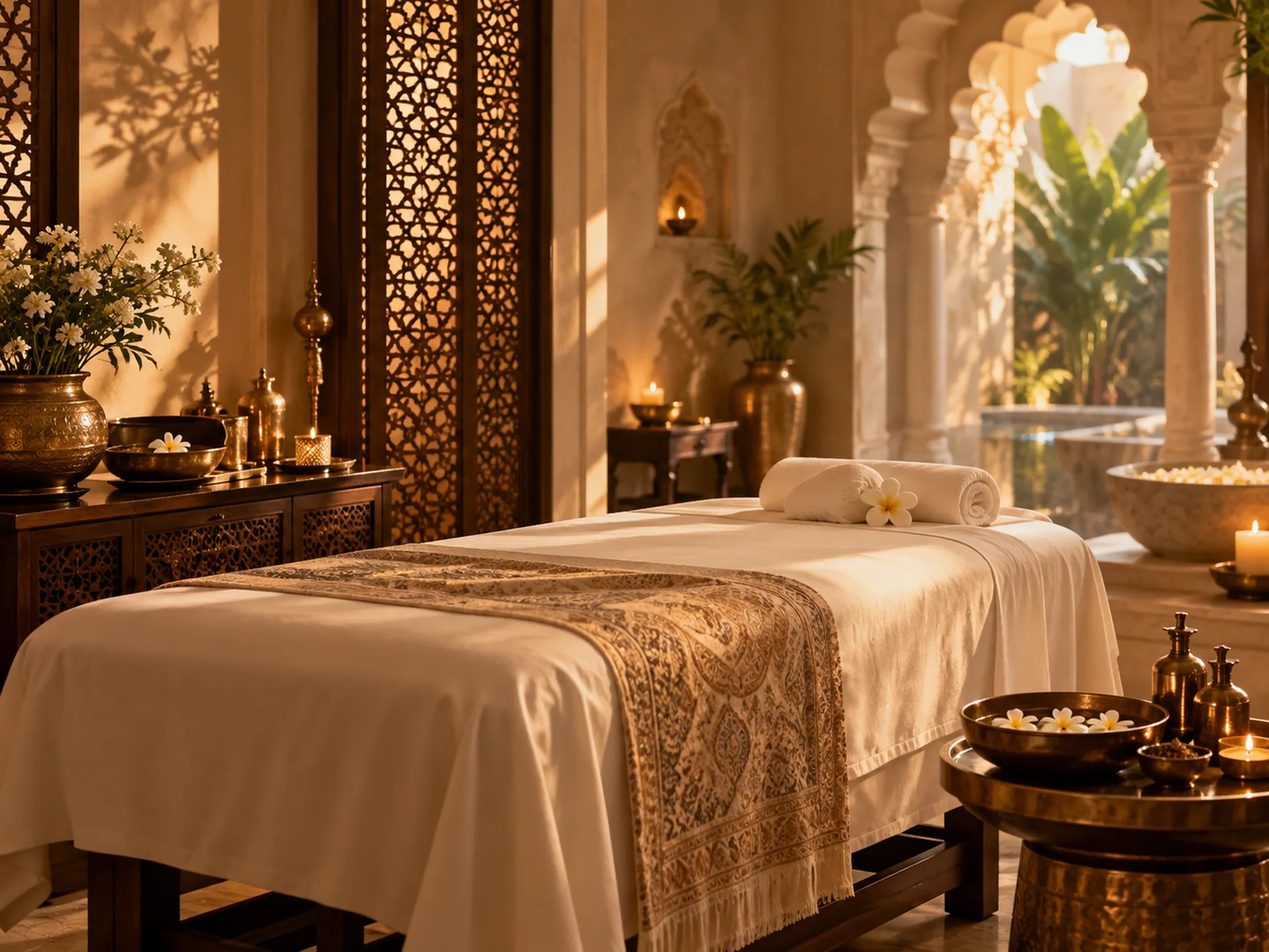 Indian-inspired massage room with a prepared treatment bed, fresh towels and traditional brass spa accessories.