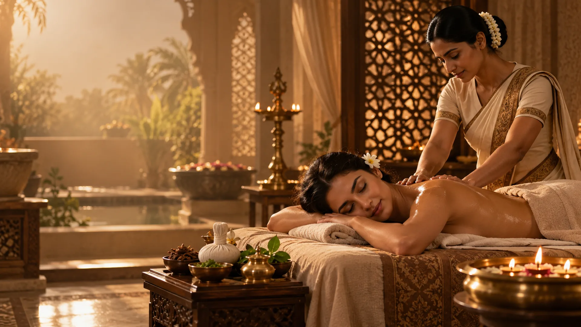 Indian oil massage session with a female therapist applying gentle pressure to a guest’s upper back in a warmly lit Indian-inspired spa setting.