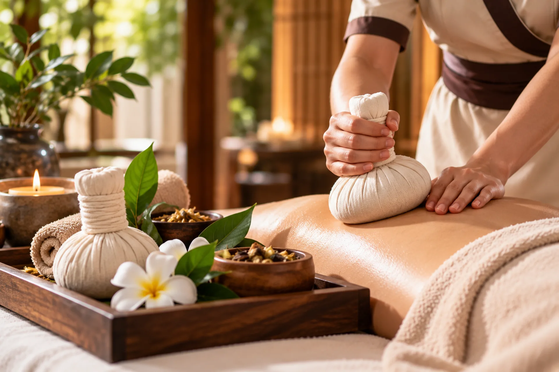 Close-up of a therapist placing a wrapped herbal compress on a guest’s back beside towels and spa accessories.