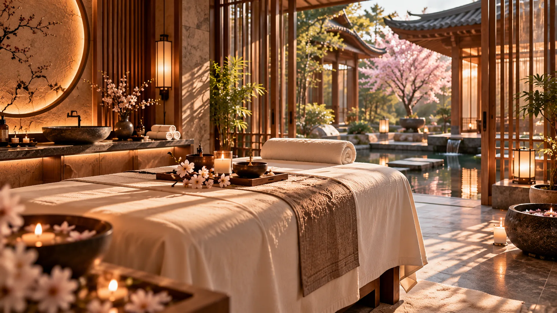 Korean-inspired treatment room with a prepared massage bed, folded towels, warm wooden details and a peaceful courtyard view.