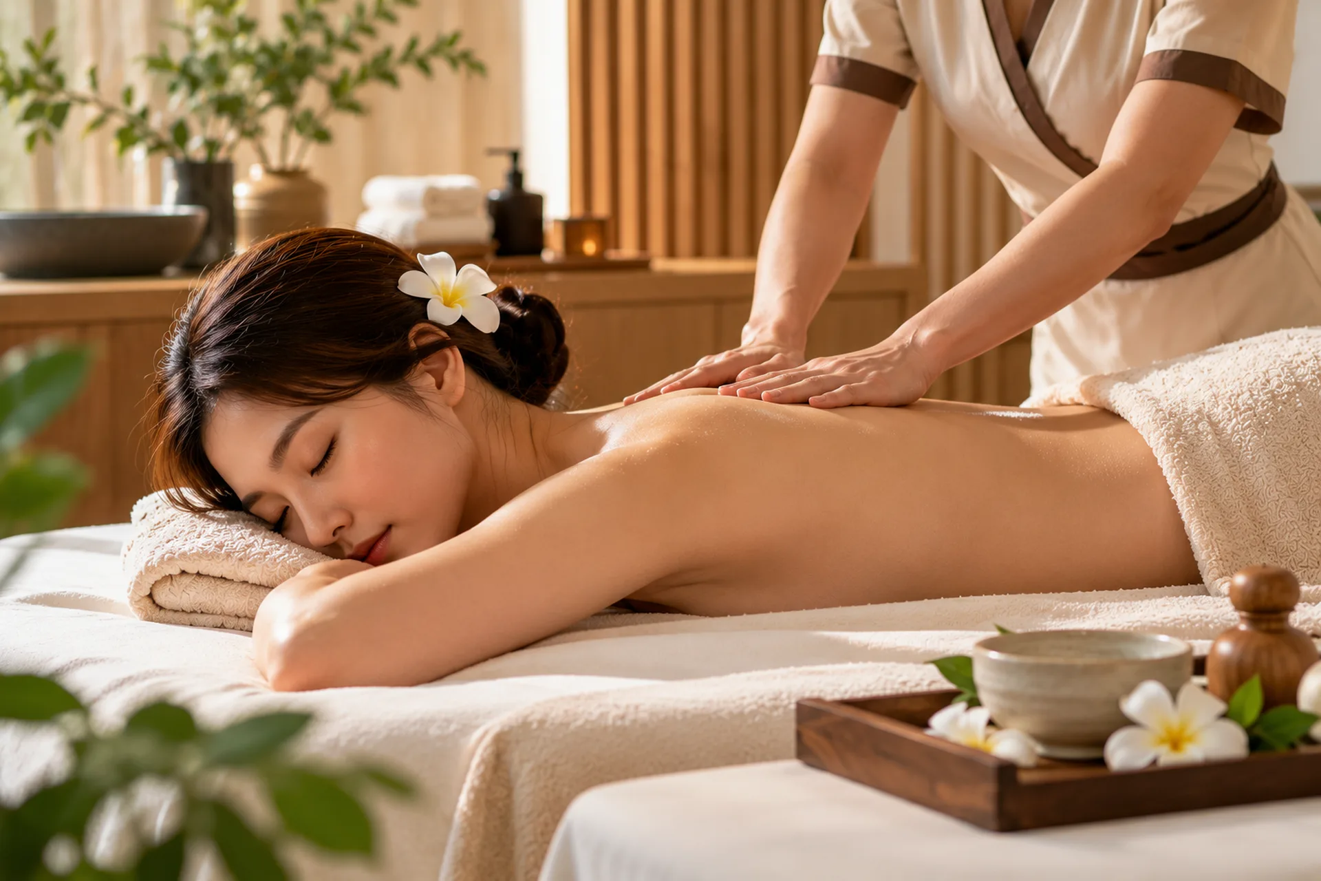 Therapist using both hands for steady pressure along a woman’s upper back in a softly lit massage room.