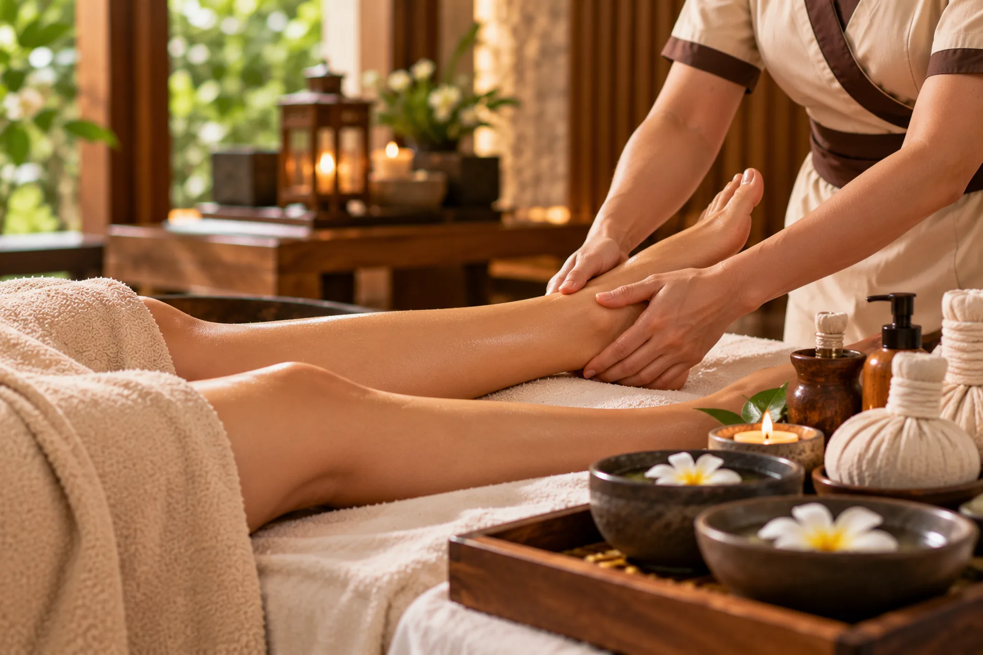 Therapist gently massaging a guest’s lower leg and foot beside a folded towel and spa accessories.