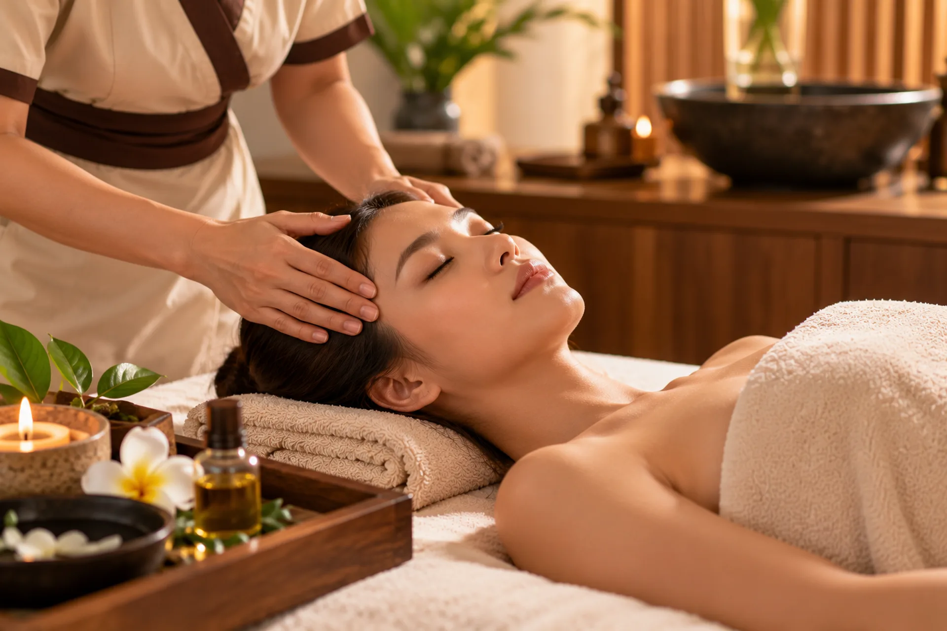 Woman resting with eyes closed while a therapist gently massages her head in a calm, natural-toned spa room.