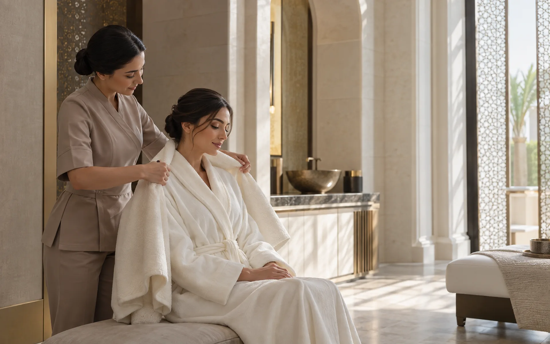 A therapist helps a guest into a white robe in a sunlit stone treatment room at RYOKO in Al Barsha, Dubai.