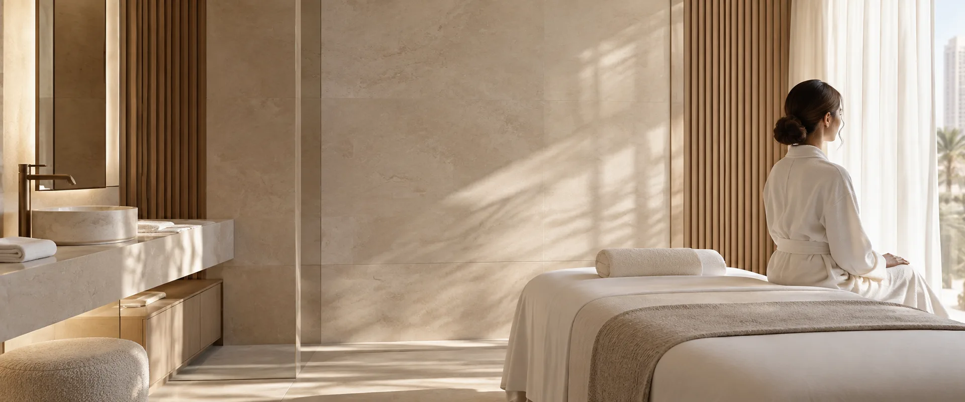 A guest in a white robe sits beside a dressed treatment table in a sunlit stone spa room at RYOKO in Al Barsha, Dubai.