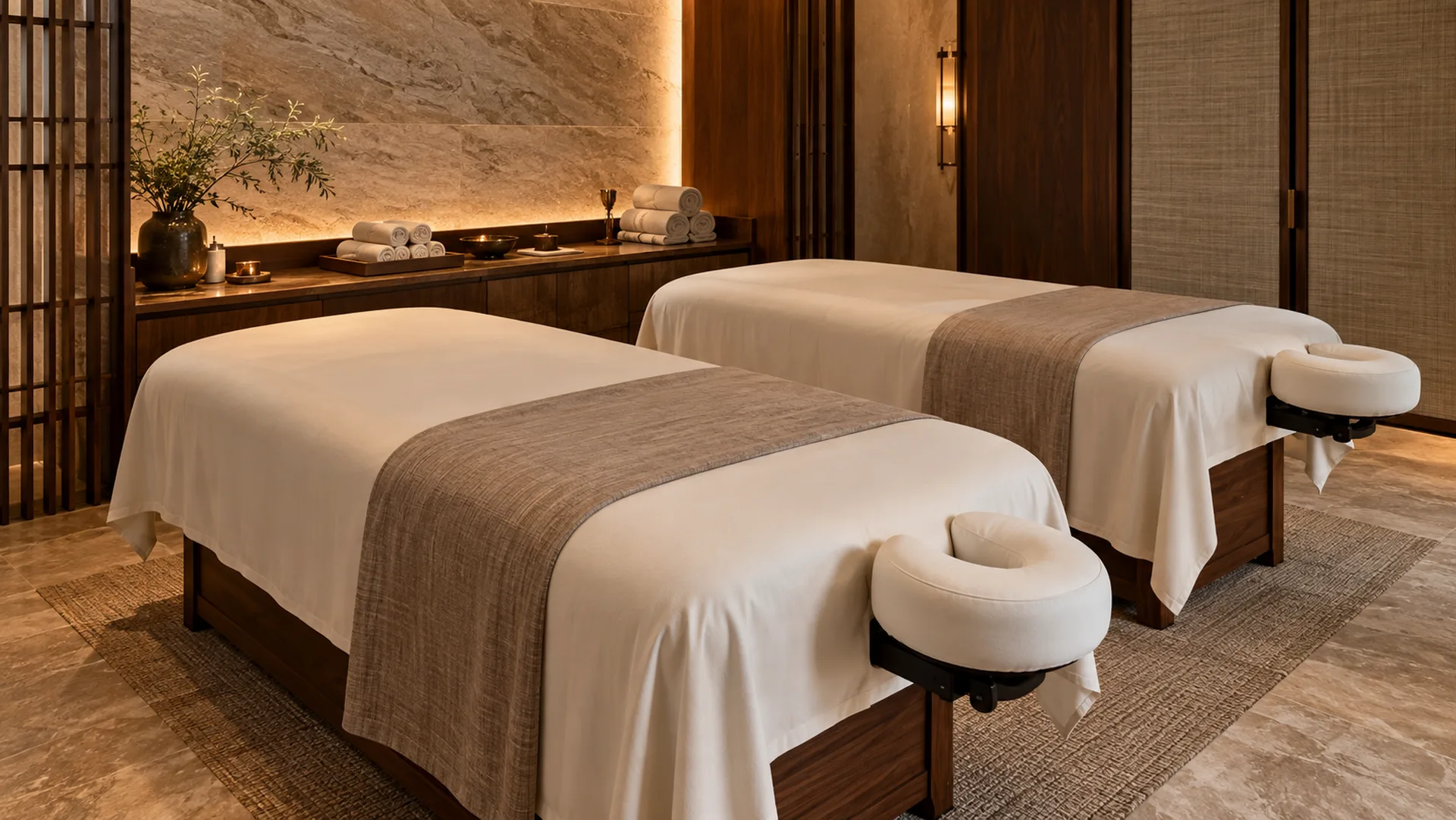 Two massage tables with cream linens in a warmly lit spa treatment room