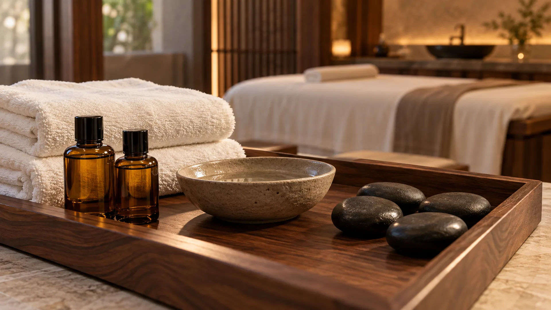 Massage oils, folded towels and hot stones arranged on a wooden spa tray