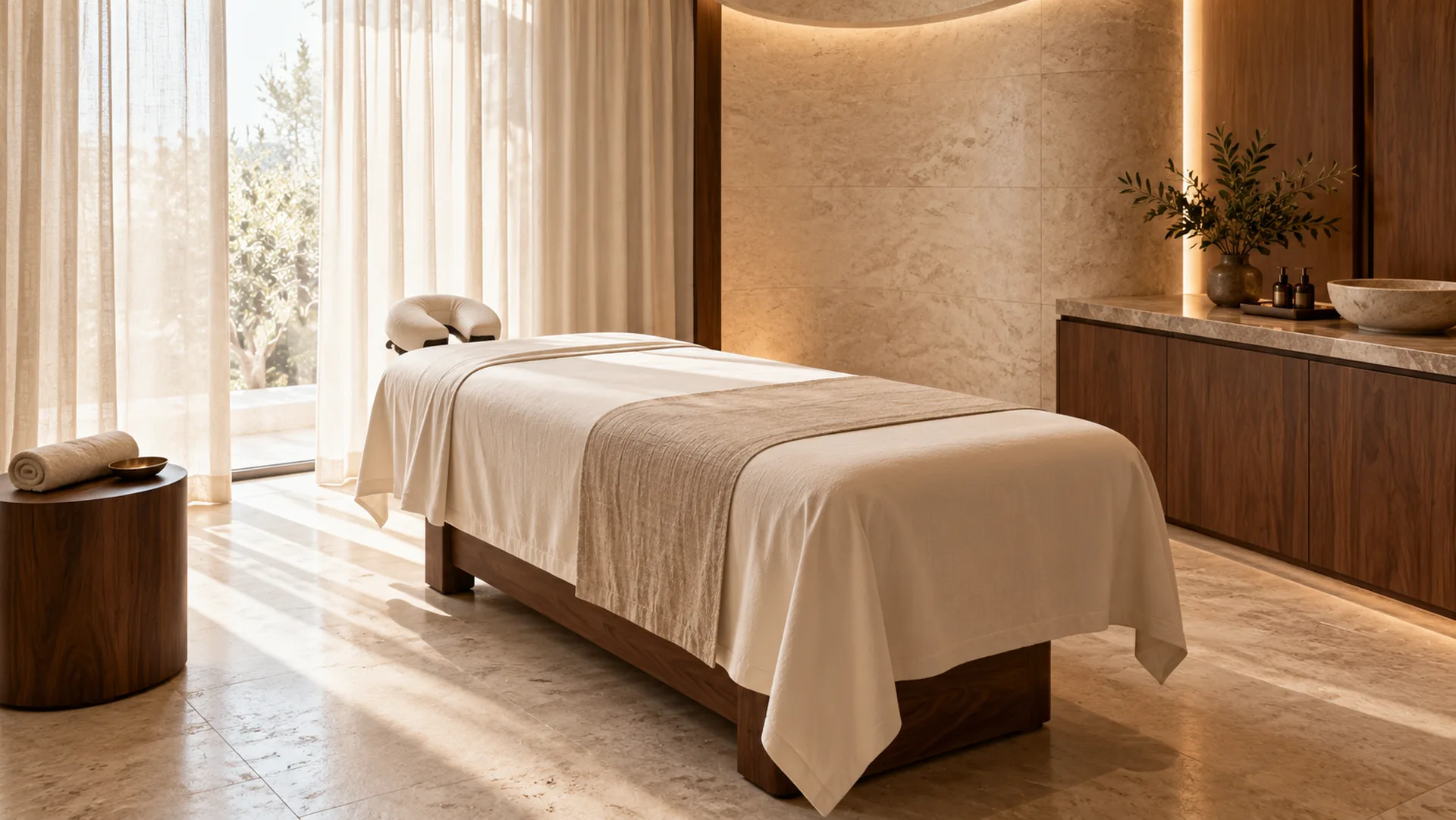 Sunlit spa treatment room with a massage table and cream linens