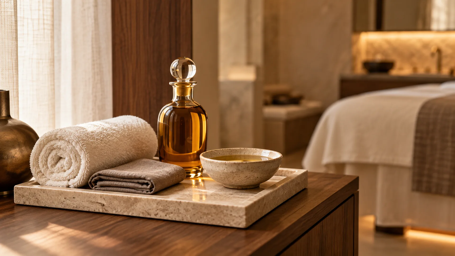 Amber massage oil bottle, ceramic bowl and folded towels on a spa tray
