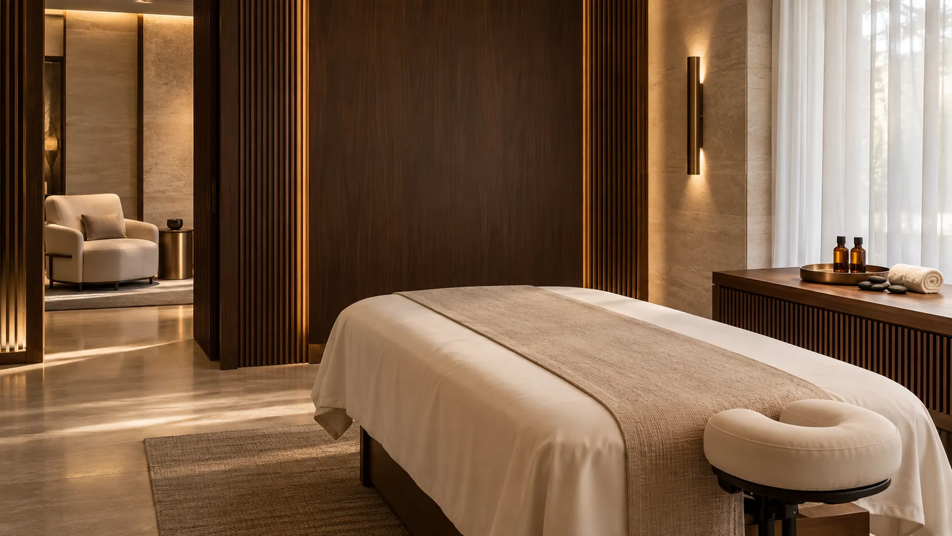 Warm spa treatment room with a massage table, walnut walls and soft lighting